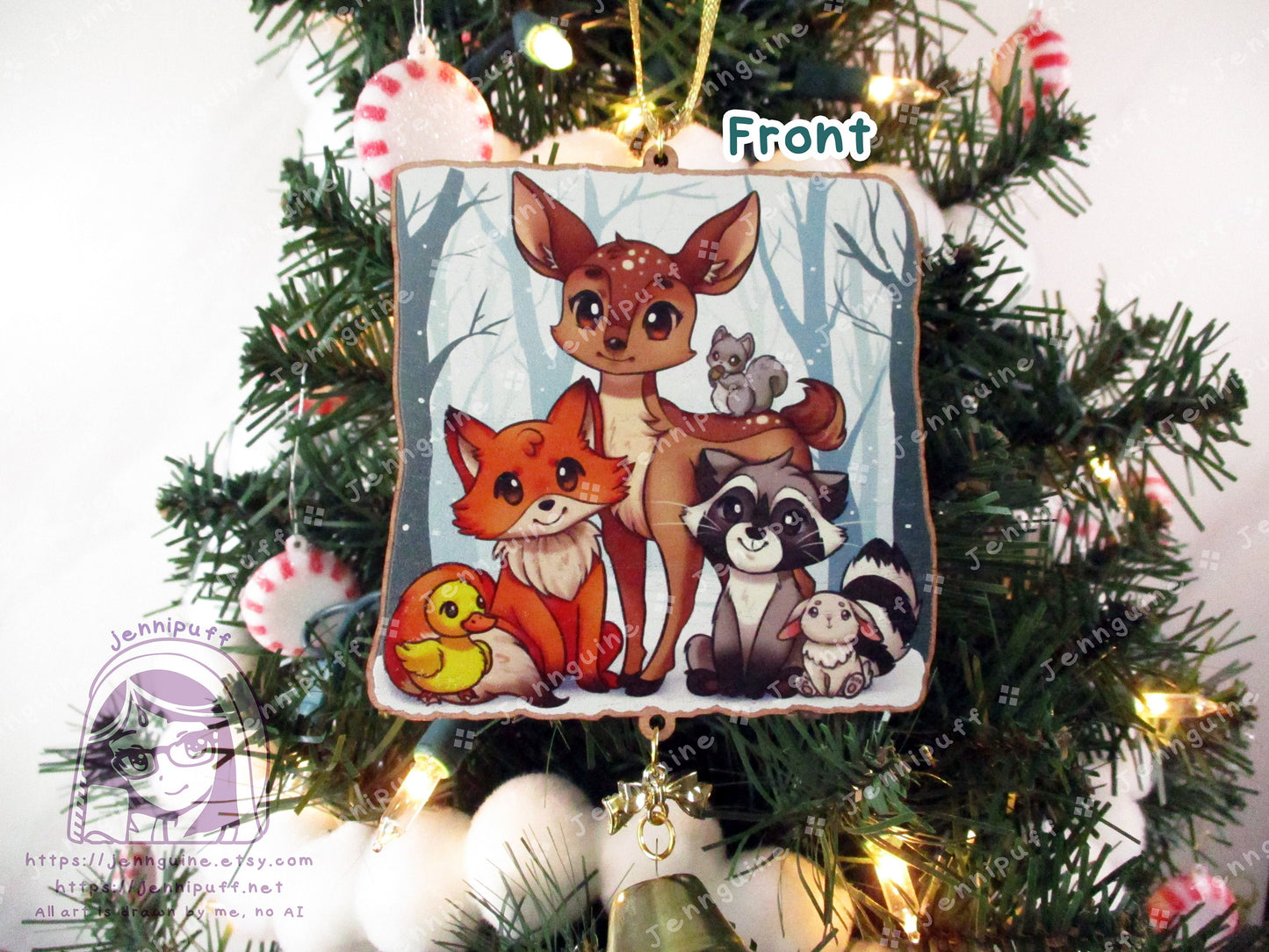Woodland Critters Animals Cottagecore Wooden Christmas Ornament | Comes with a 4x6in Print of the Artwork | Deer,Fox,Duck,Squirrel,Raccoon