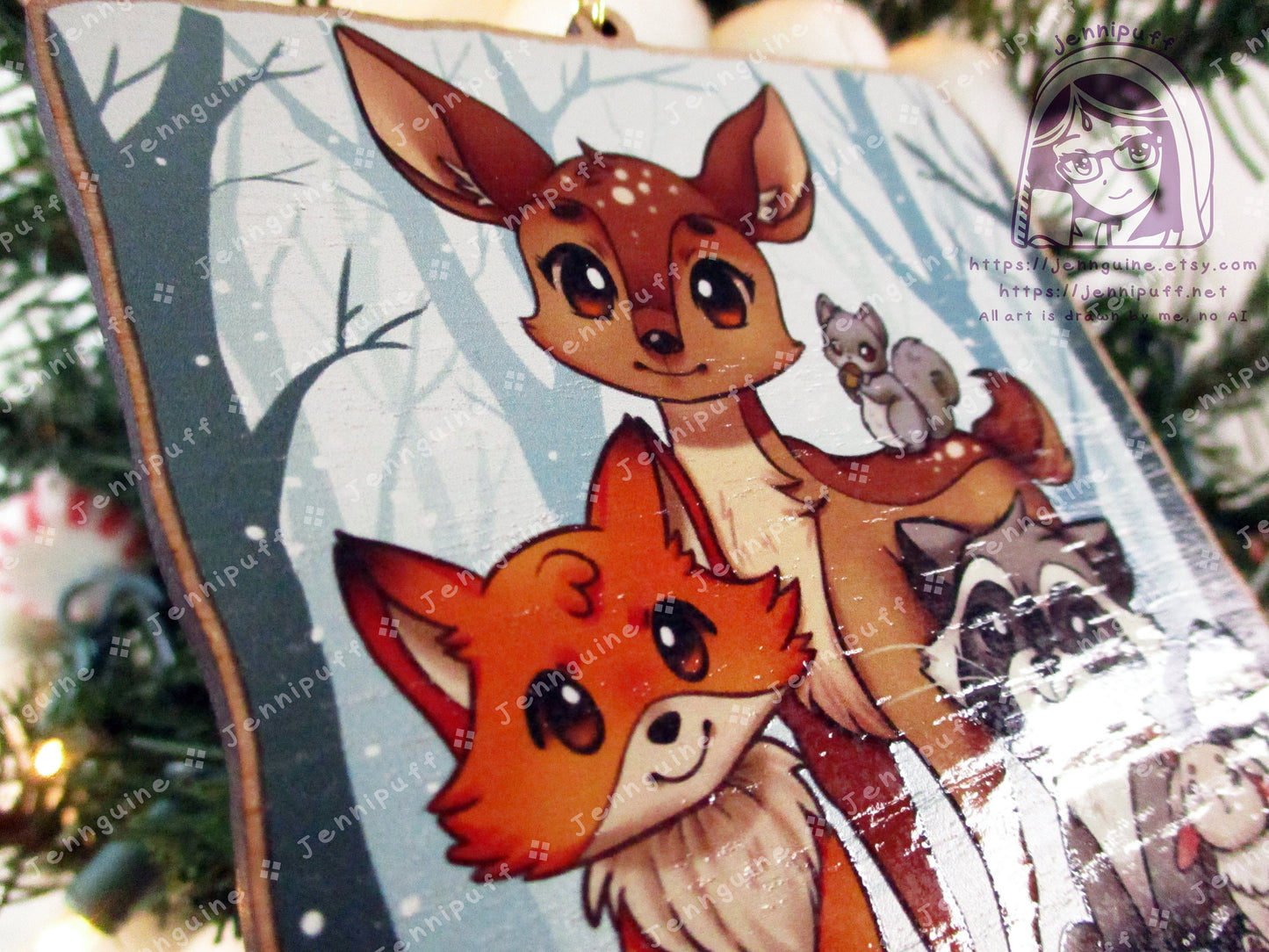 Woodland Critters Animals Cottagecore Wooden Christmas Ornament | Comes with a 4x6in Print of the Artwork | Deer,Fox,Duck,Squirrel,Raccoon