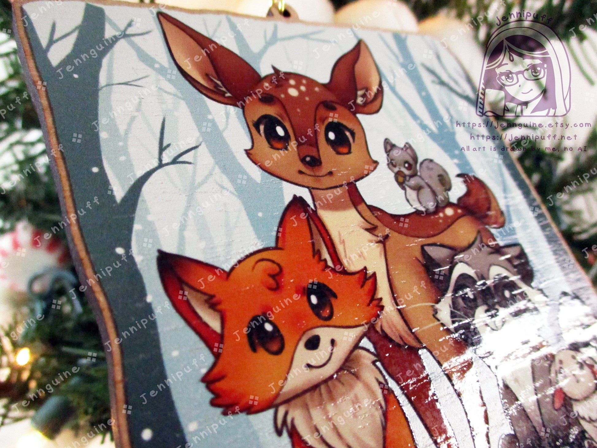 Woodland Critters Animals Cottagecore Wooden Christmas Ornament | Comes with a 4x6in Print of the Artwork | Deer,Fox,Duck,Squirrel,Raccoon
