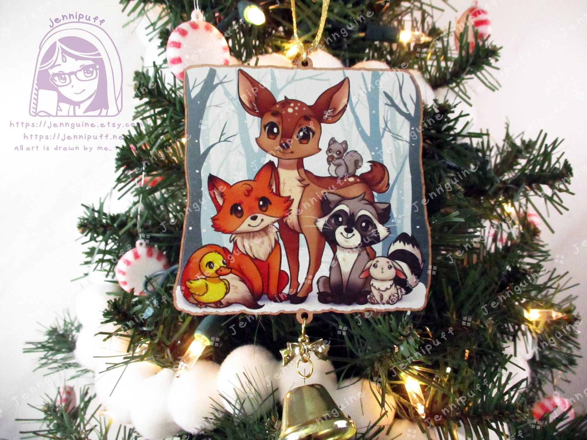 Woodland Critters Animals Cottagecore Wooden Christmas Ornament | Comes with a 4x6in Print of the Artwork | Deer,Fox,Duck,Squirrel,Raccoon
