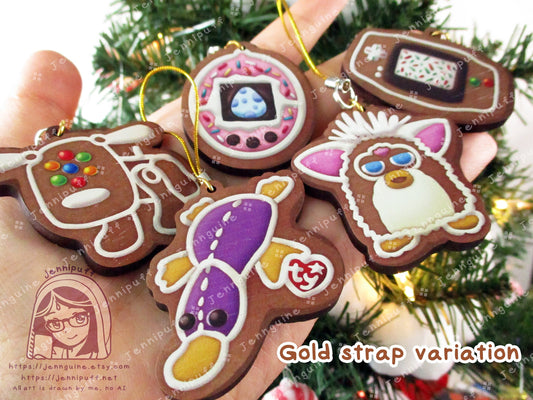 90s Toys 5 Pack 2in Small Wood Christmas Ornaments for Mini Tree | Includes 4x6in Postcard | Béanie Bàby,iDog,Fúrby Holiday Decoration Gift