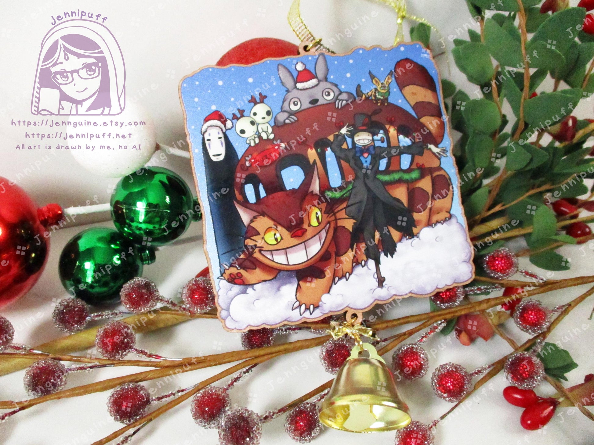 Wooden Christmas Ornament | Includes 4x6in Print | Nô Fàce,Turnip Head,Neighbor,Kódàmà,Càtbús,Tétô - Holiday Gift Anime Lover - Unofficial