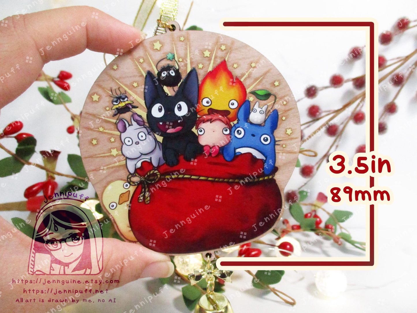 Wooden Christmas Ornament & 4x6in Print | Jíjí, My Neighbor, Calcífer, Spírited Áway, Pônyó, Holiday Gift - Last Stock - Unofficial Inspired