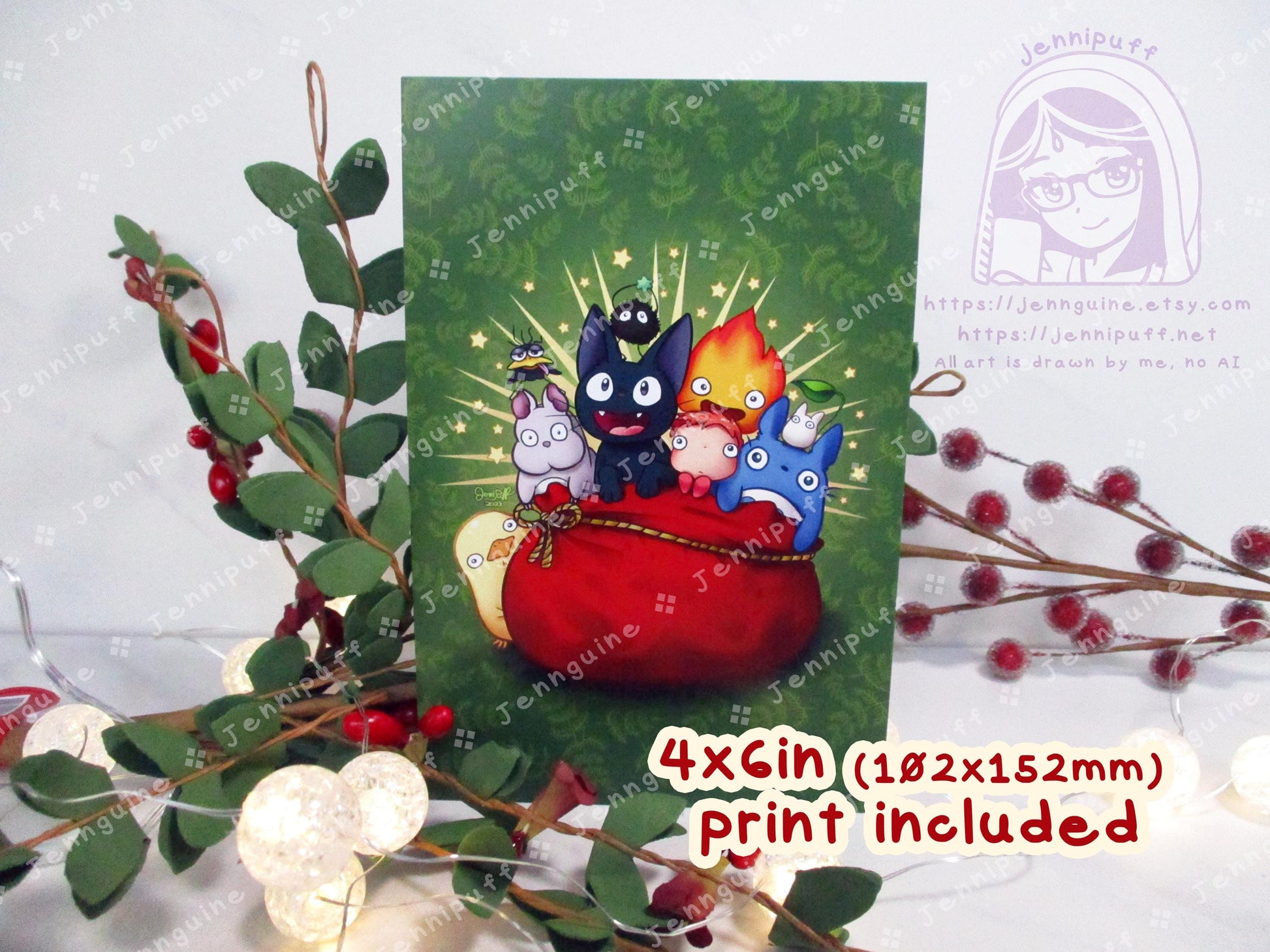 Wooden Christmas Ornament & 4x6in Print | Jíjí, My Neighbor, Calcífer, Spírited Áway, Pônyó, Holiday Gift - Last Stock - Unofficial Inspired