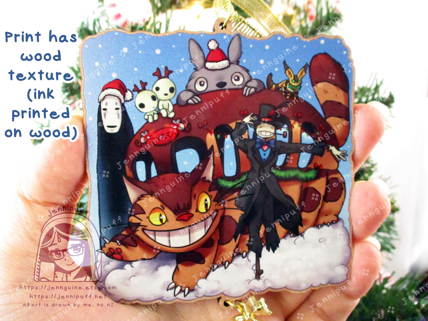 Wooden Christmas Ornament | Includes 4x6in Print | Nô Fàce,Turnip Head,Neighbor,Kódàmà,Càtbús,Tétô - Holiday Gift Anime Lover - Unofficial