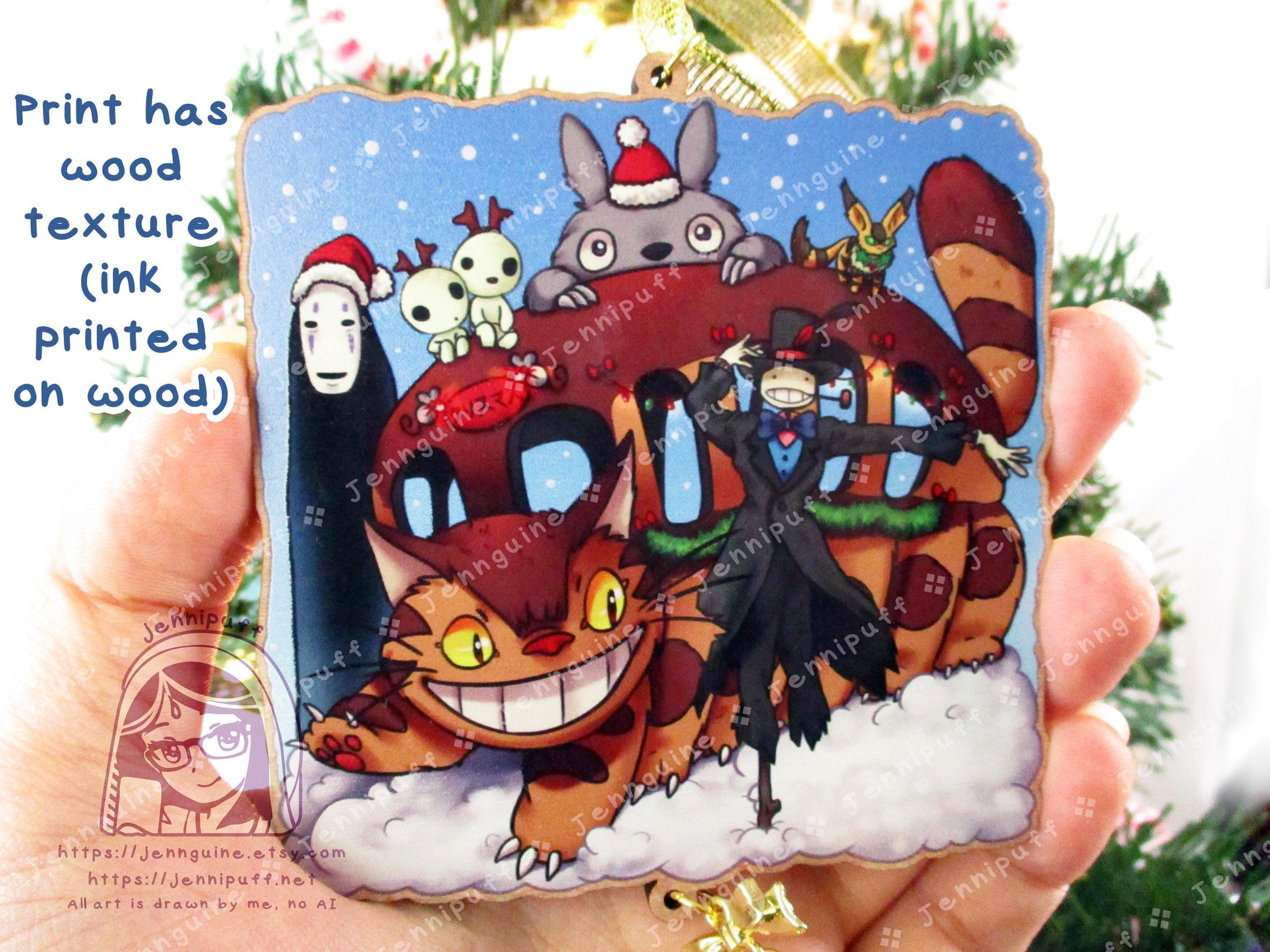 Wooden Christmas Ornament | Includes 4x6in Print | Nô Fàce,Turnip Head,Neighbor,Kódàmà,Càtbús,Tétô - Holiday Gift Anime Lover - Unofficial