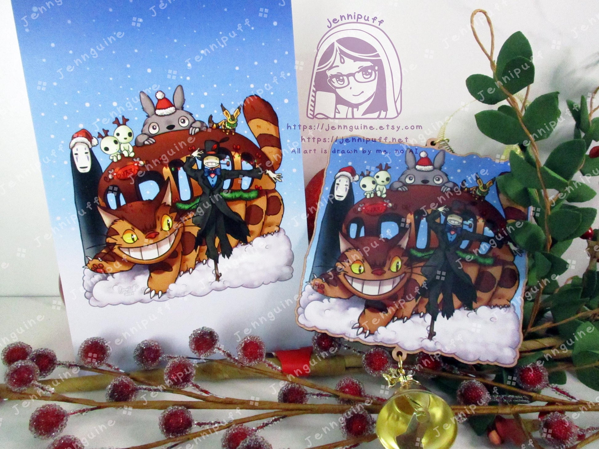 Wooden Christmas Ornament | Includes 4x6in Print | Nô Fàce,Turnip Head,Neighbor,Kódàmà,Càtbús,Tétô - Holiday Gift Anime Lover - Unofficial