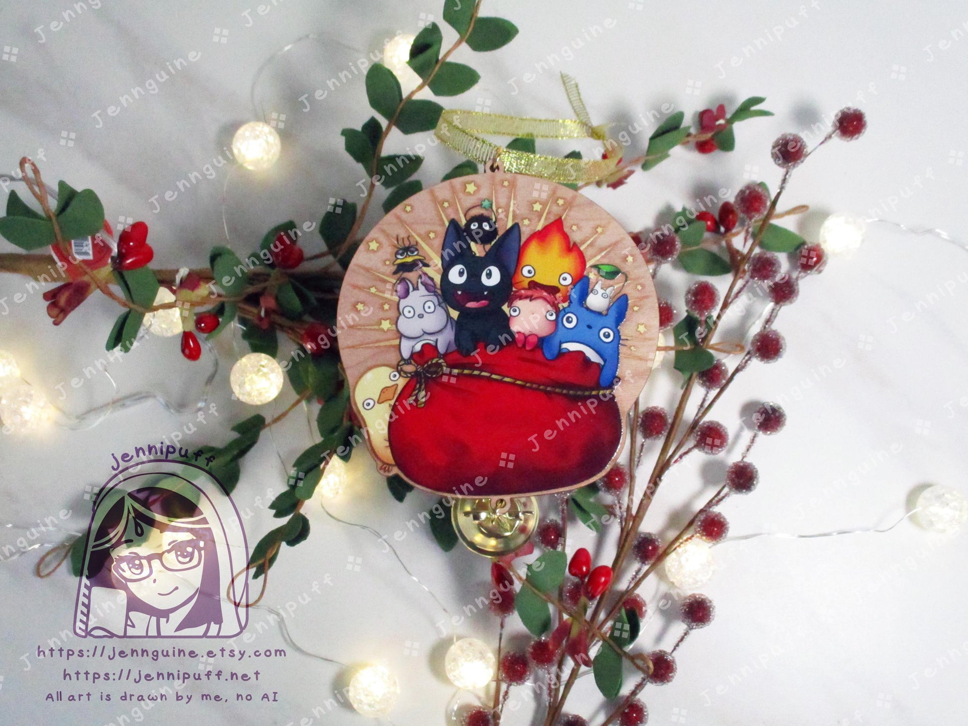 Wooden Christmas Ornament & 4x6in Print | Jíjí, My Neighbor, Calcífer, Spírited Áway, Pônyó, Holiday Gift - Last Stock - Unofficial Inspired