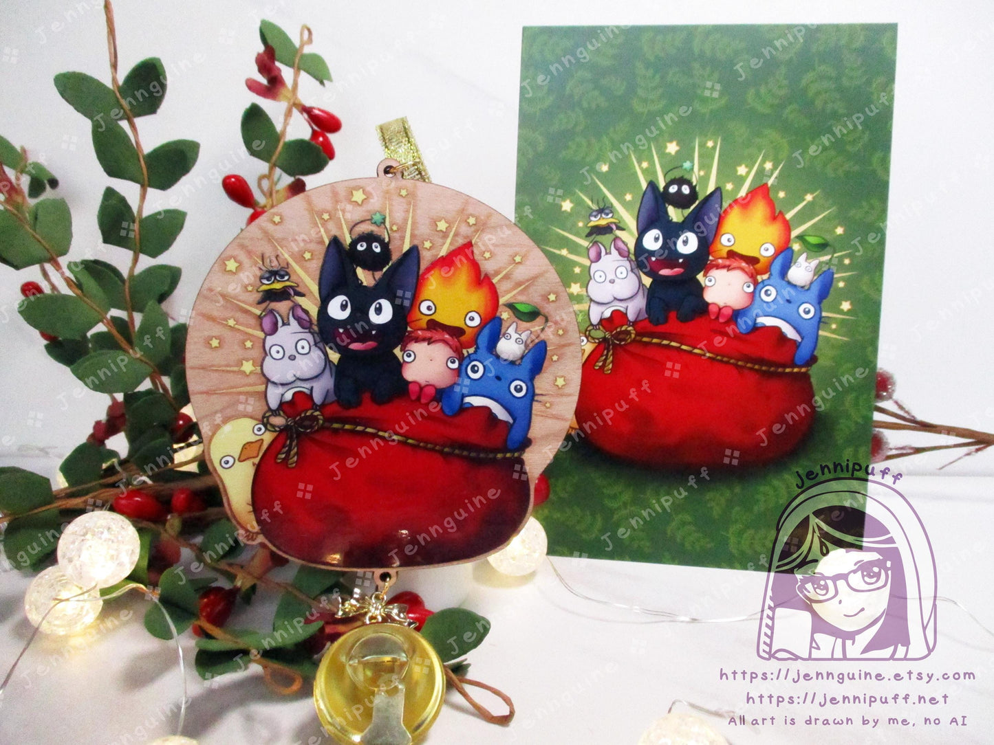Wooden Christmas Ornament & 4x6in Print | Jíjí, My Neighbor, Calcífer, Spírited Áway, Pônyó, Holiday Gift - Last Stock - Unofficial Inspired