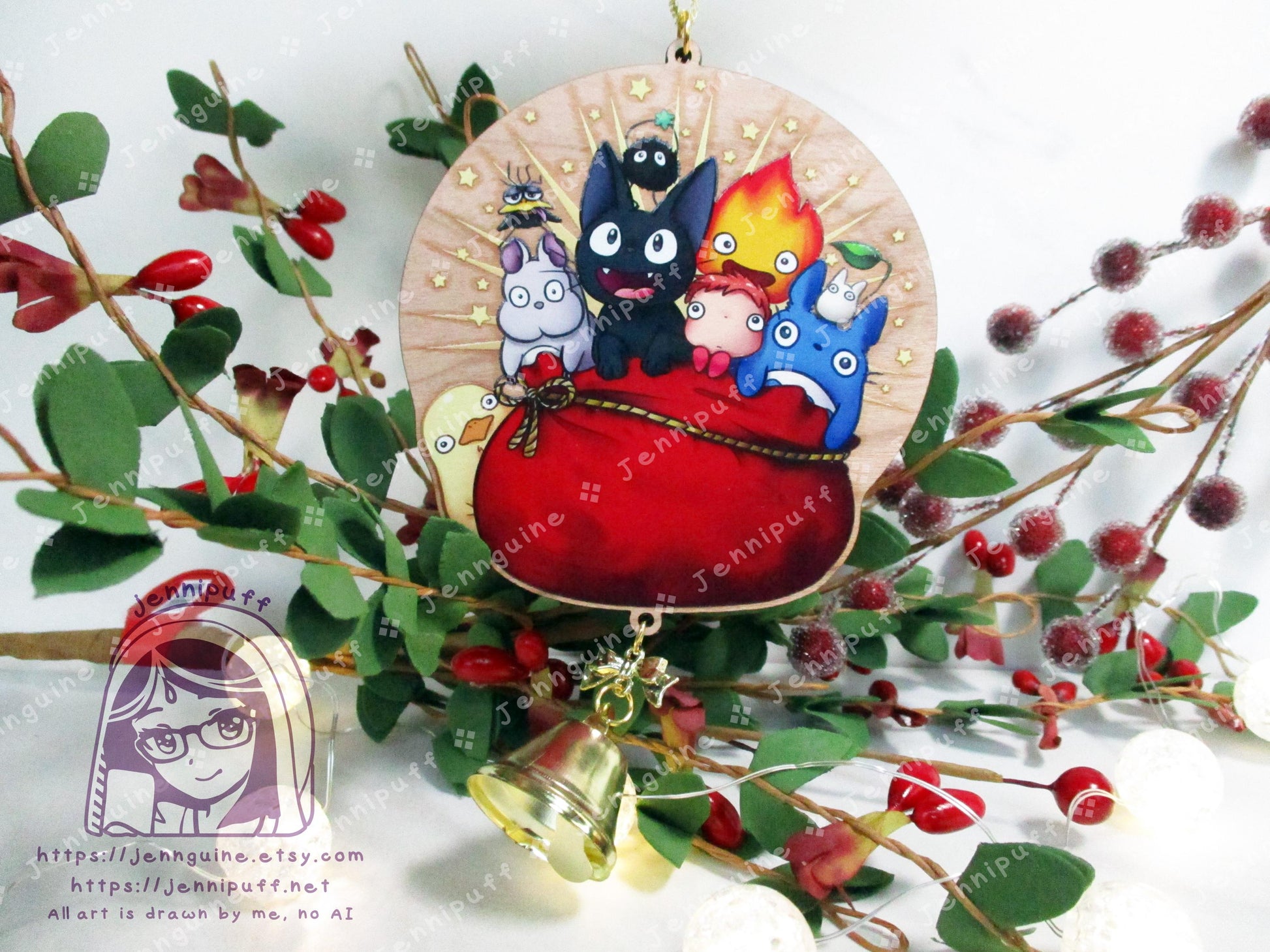 Wooden Christmas Ornament & 4x6in Print | Jíjí, My Neighbor, Calcífer, Spírited Áway, Pônyó, Holiday Gift - Last Stock - Unofficial Inspired