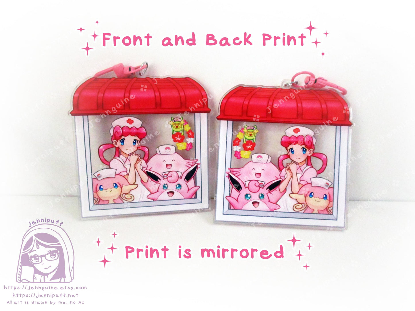 Nurse Jóy and PKMN Center Nurse Pokes | Oversize Double Sided 3in Acrylic Keychain | Gift for Poke and Anime Fan Nerd Kawaii Video Game TCG