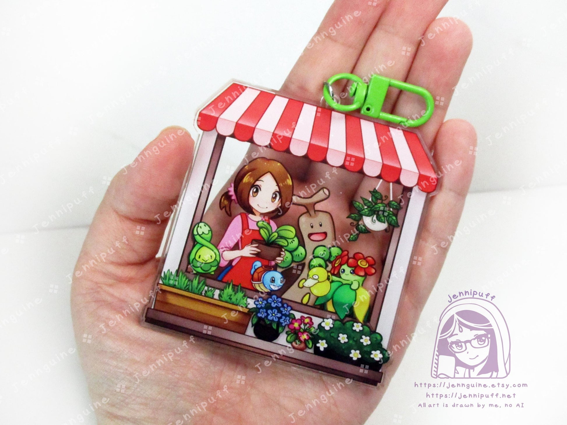 Flower Shop Lady and Grass PKMN | Oversize Double Sided 3in Acrylic Keychain | Gift for Poke and Anime Fan Nerd Kawaii Video Game TCG