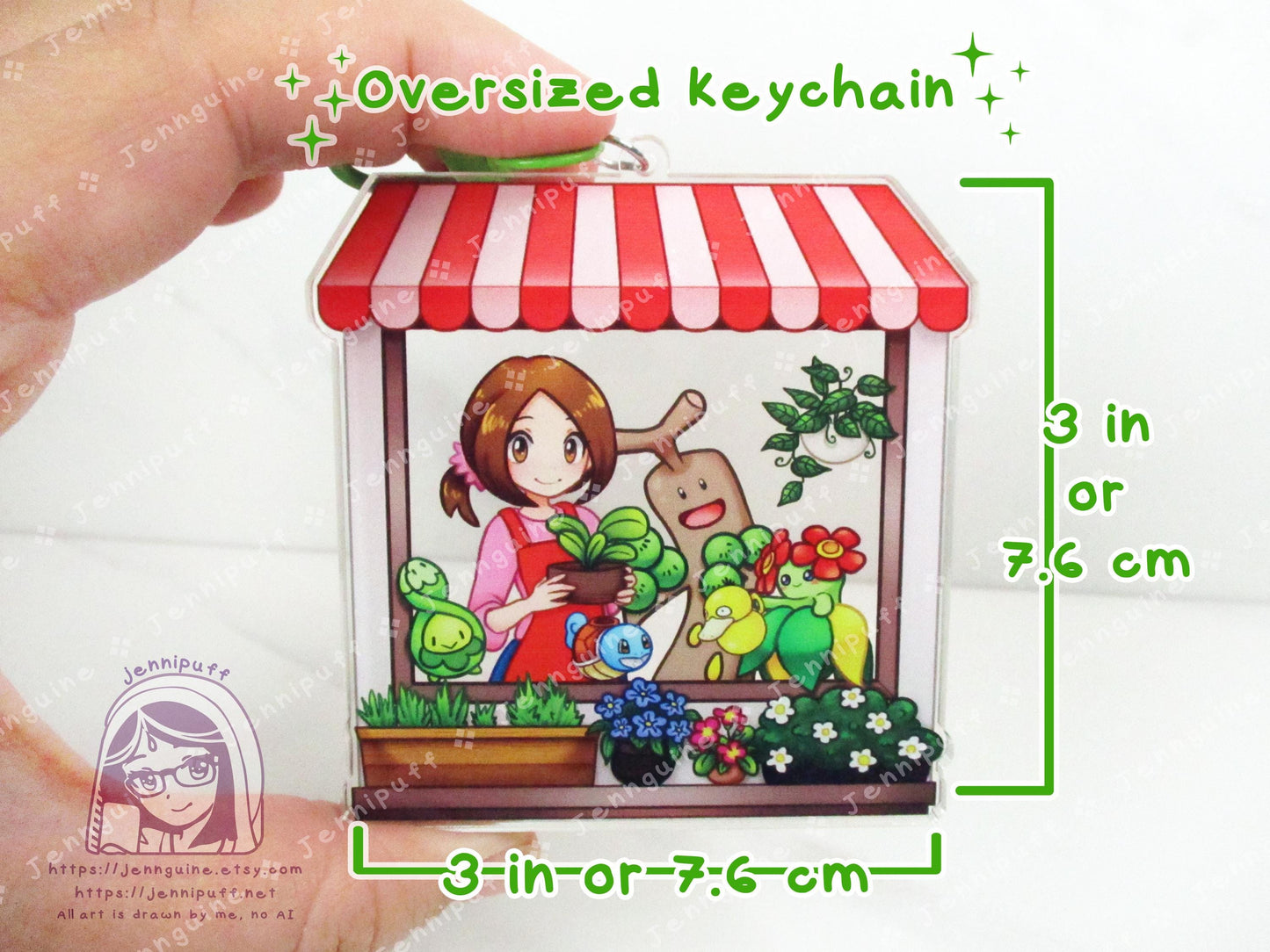Flower Shop Lady and Grass PKMN | Oversize Double Sided 3in Acrylic Keychain | Gift for Poke and Anime Fan Nerd Kawaii Video Game TCG