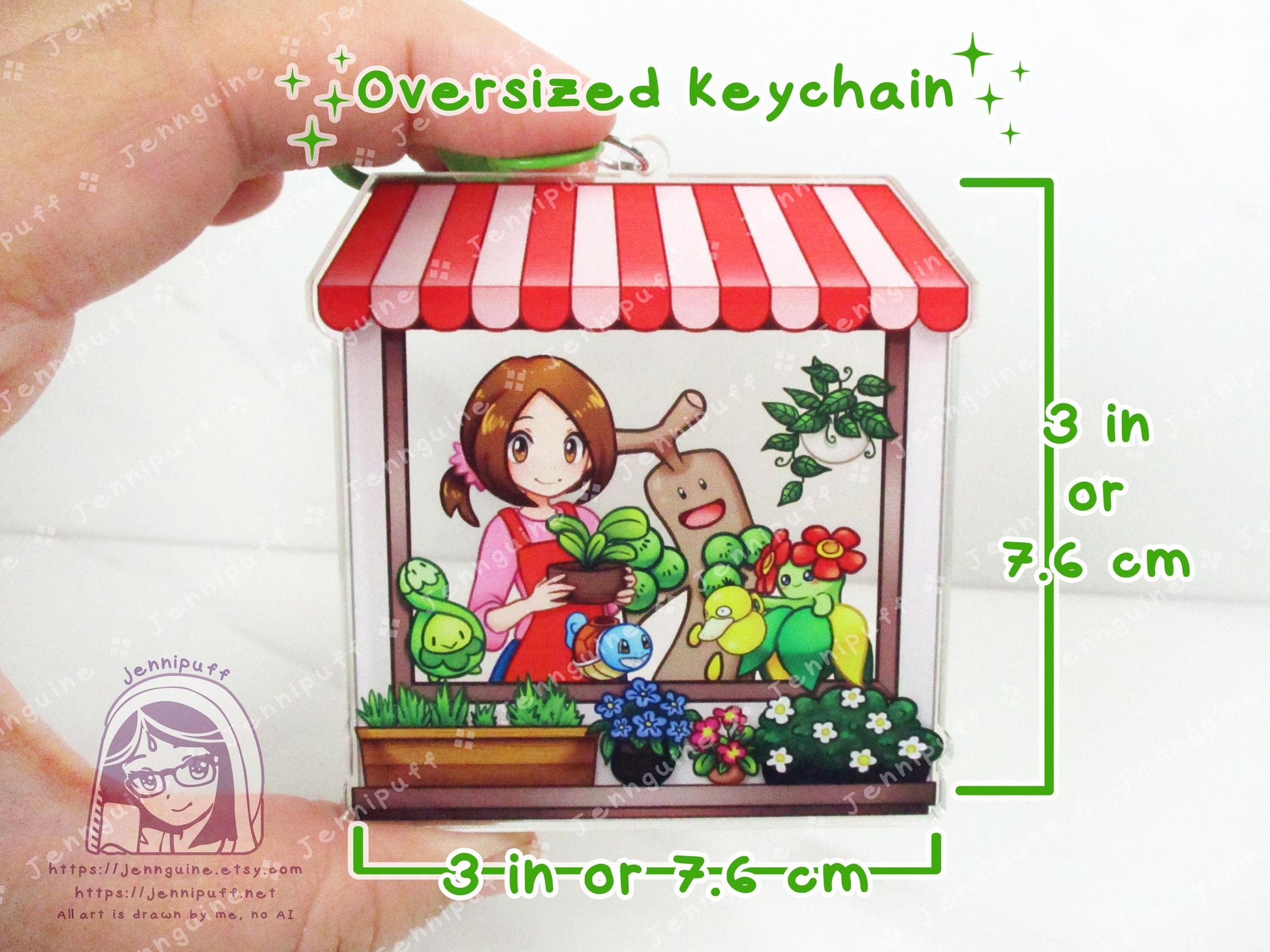 Flower Shop Lady and Grass PKMN | Oversize Double Sided 3in Acrylic Keychain | Gift for Poke and Anime Fan Nerd Kawaii Video Game TCG