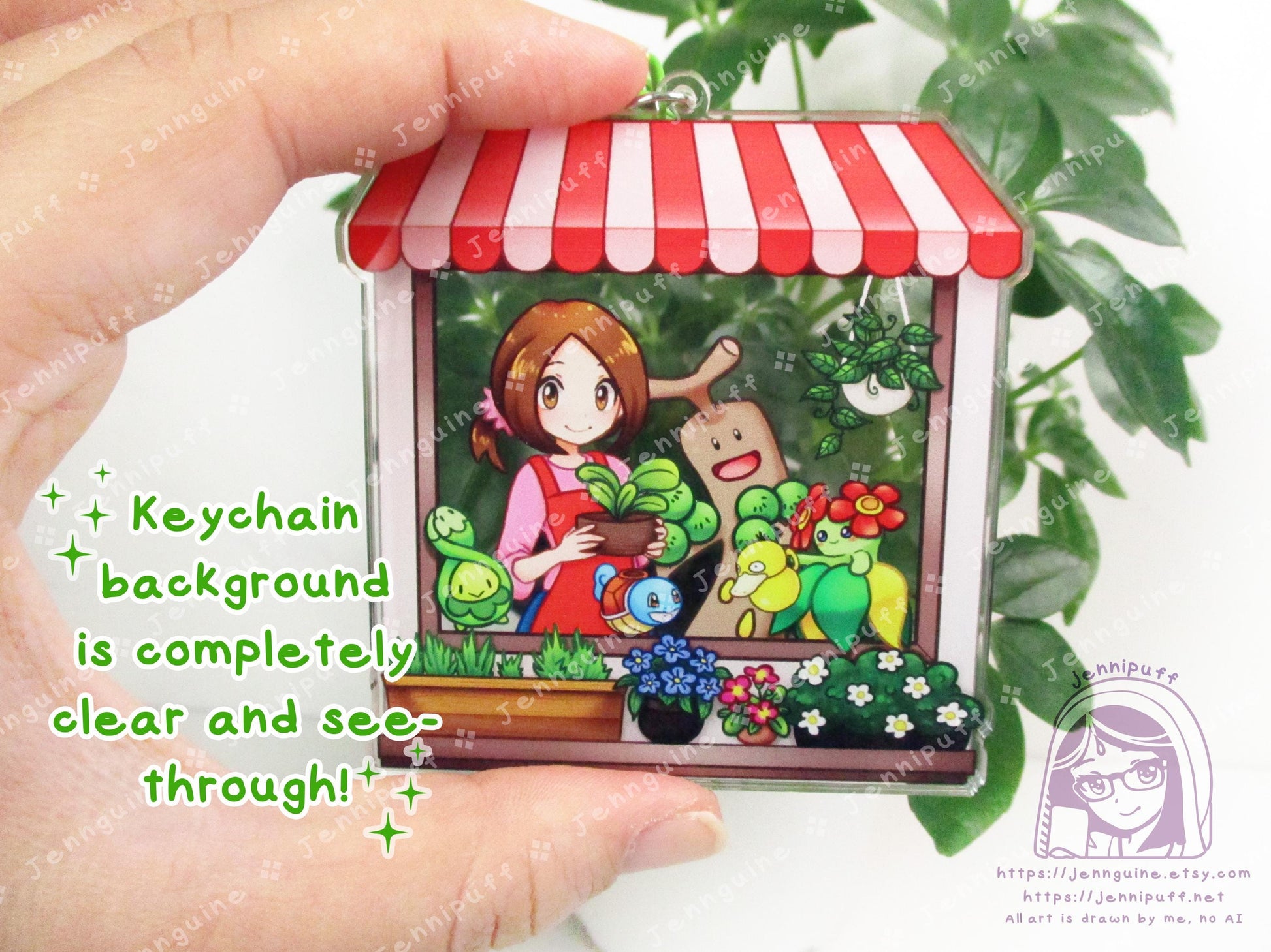 Flower Shop Lady and Grass PKMN | Oversize Double Sided 3in Acrylic Keychain | Gift for Poke and Anime Fan Nerd Kawaii Video Game TCG
