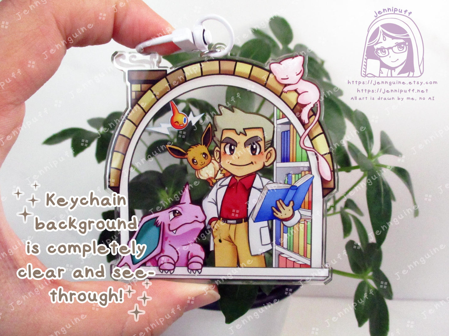 Próf Óäk with Mew Rótóm NÎdórínó Êèvèè | Oversize Double Sided 3in Acrylic Keychain | Gift for Poke and Anime Fan Nerd Kawaii Video Game TCG