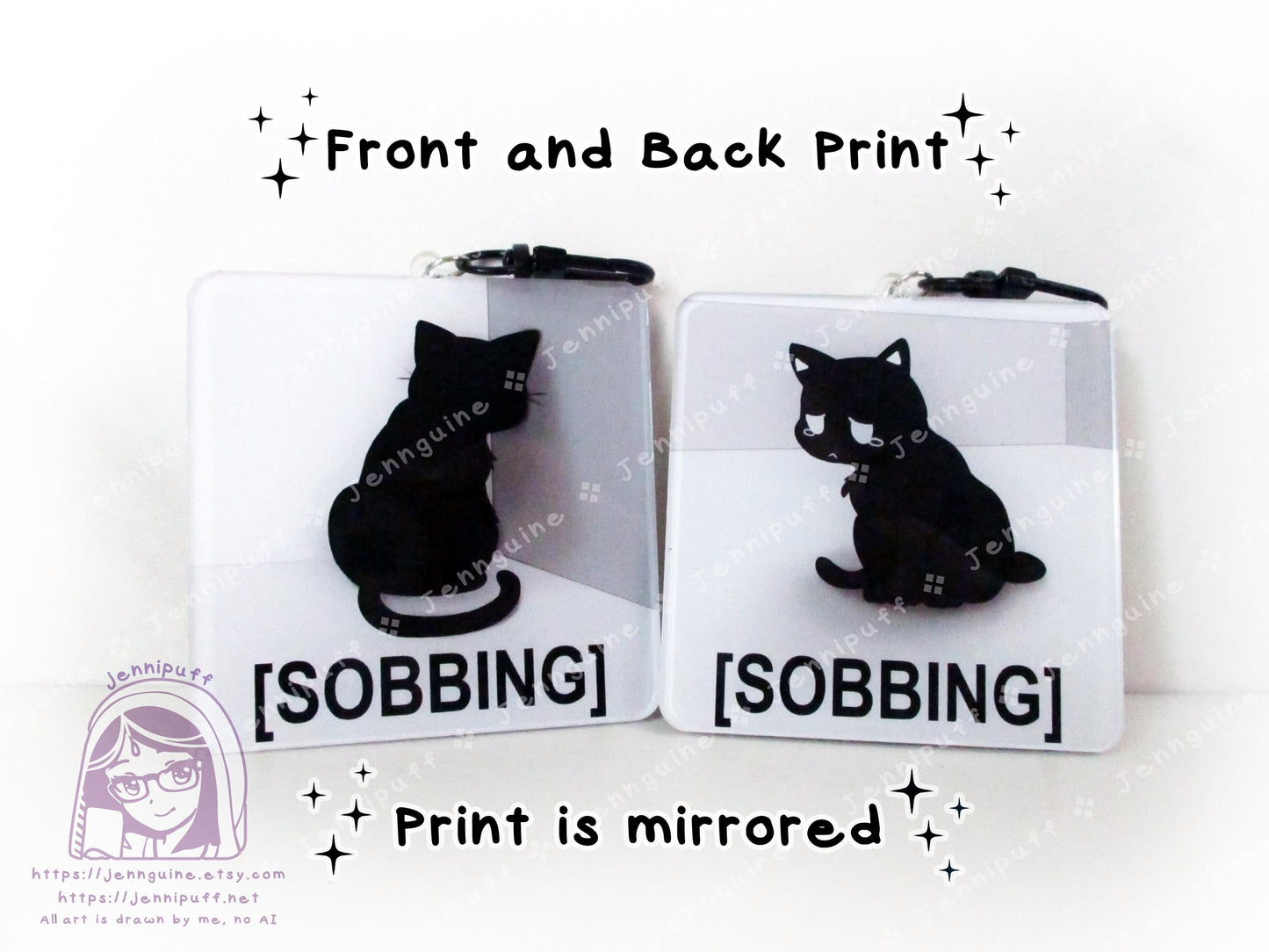 Sobbing Black Cat Meme Crying Cat Sad Cat | Oversize Double Sided 3in Acrylic Keychain | Gift for Cat Feline Pet Anime Fan Geek Nerd Kawaii