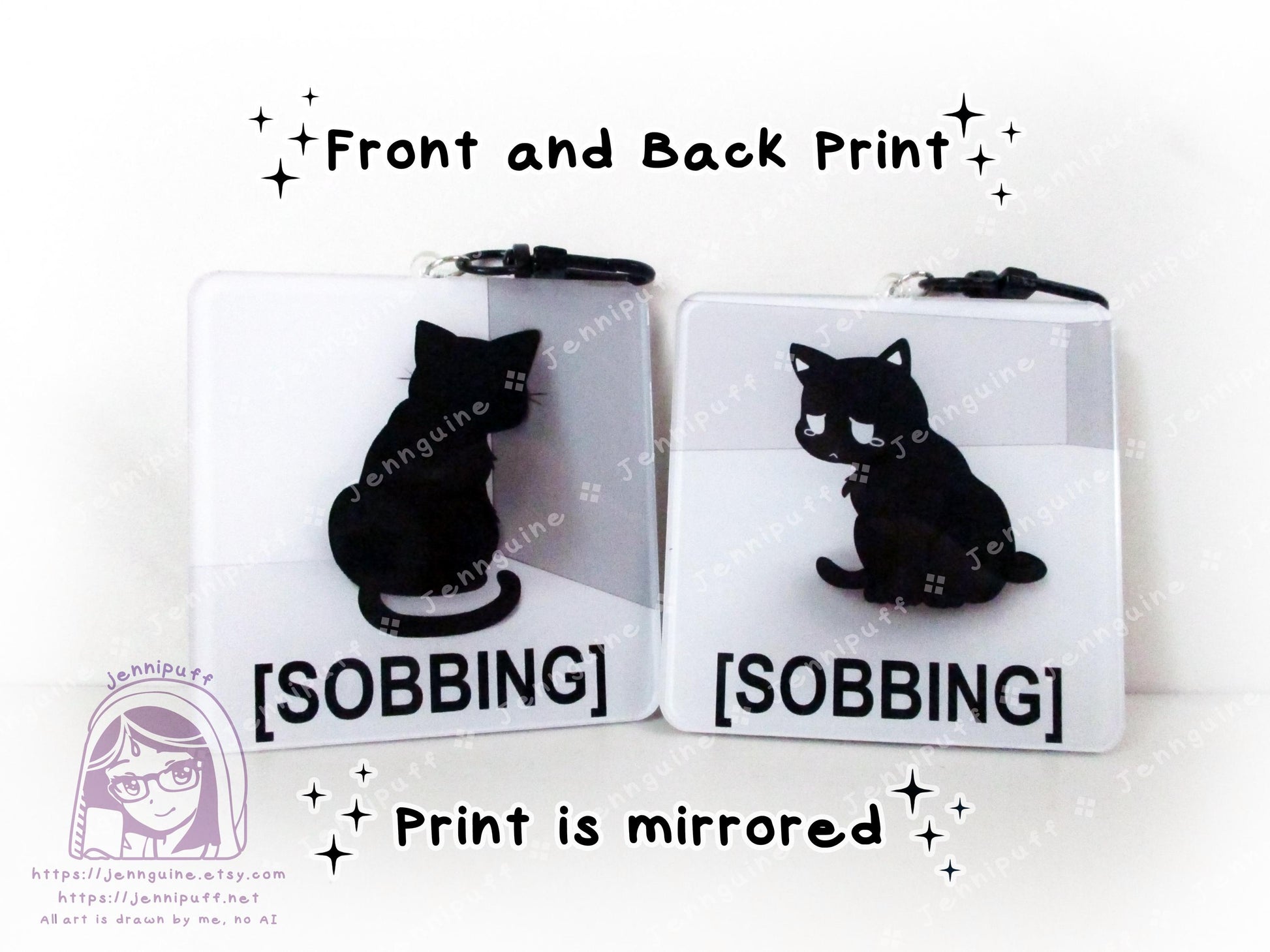 Sobbing Black Cat Meme Crying Cat Sad Cat | Oversize Double Sided 3in Acrylic Keychain | Gift for Cat Feline Pet Anime Fan Geek Nerd Kawaii
