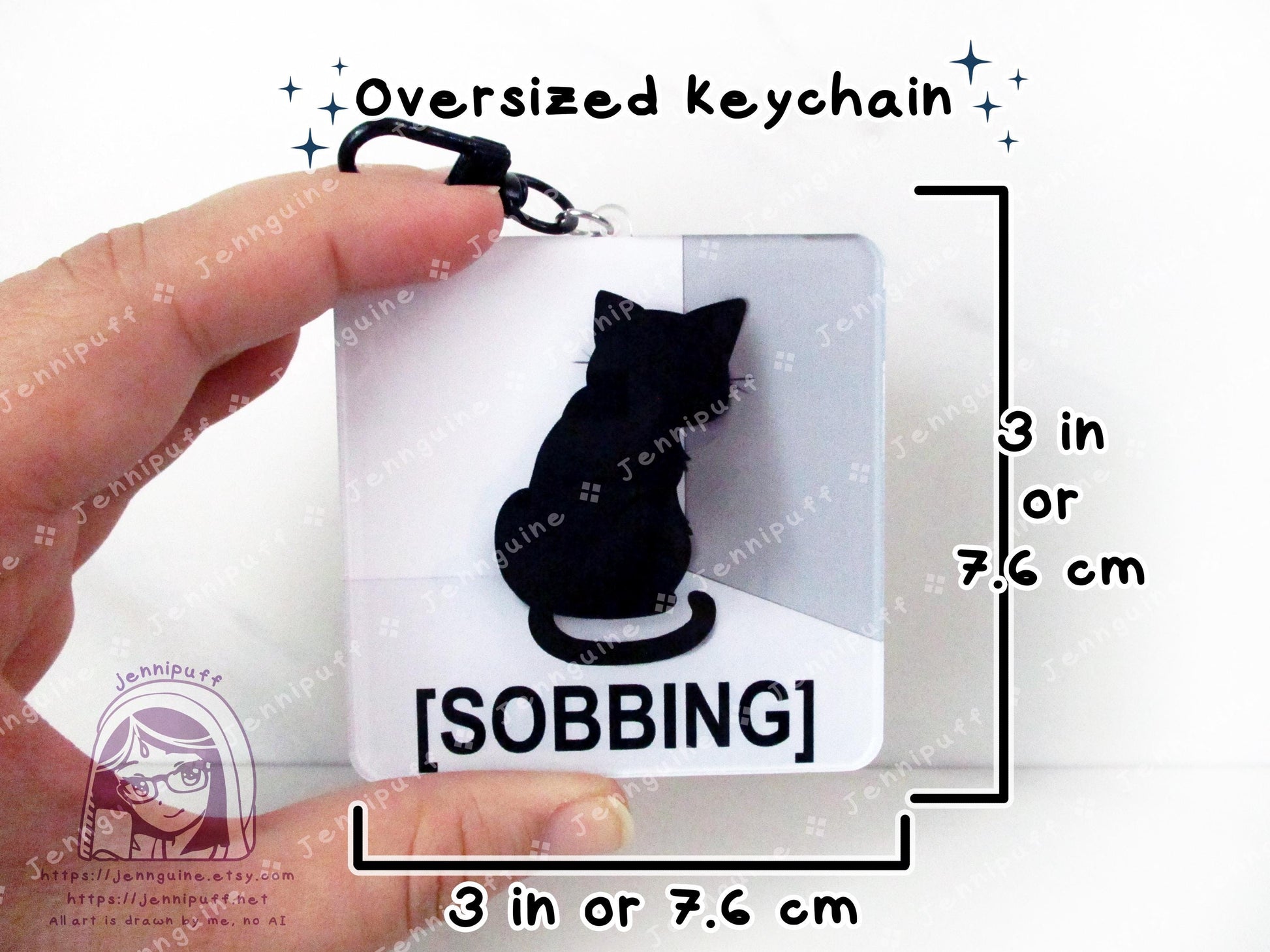 Sobbing Black Cat Meme Crying Cat Sad Cat | Oversize Double Sided 3in Acrylic Keychain | Gift for Cat Feline Pet Anime Fan Geek Nerd Kawaii