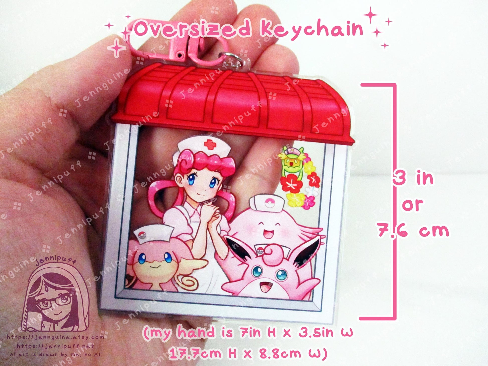 Nurse Jóy and PKMN Center Nurse Pokes | Oversize Double Sided 3in Acrylic Keychain | Gift for Poke and Anime Fan Nerd Kawaii Video Game TCG