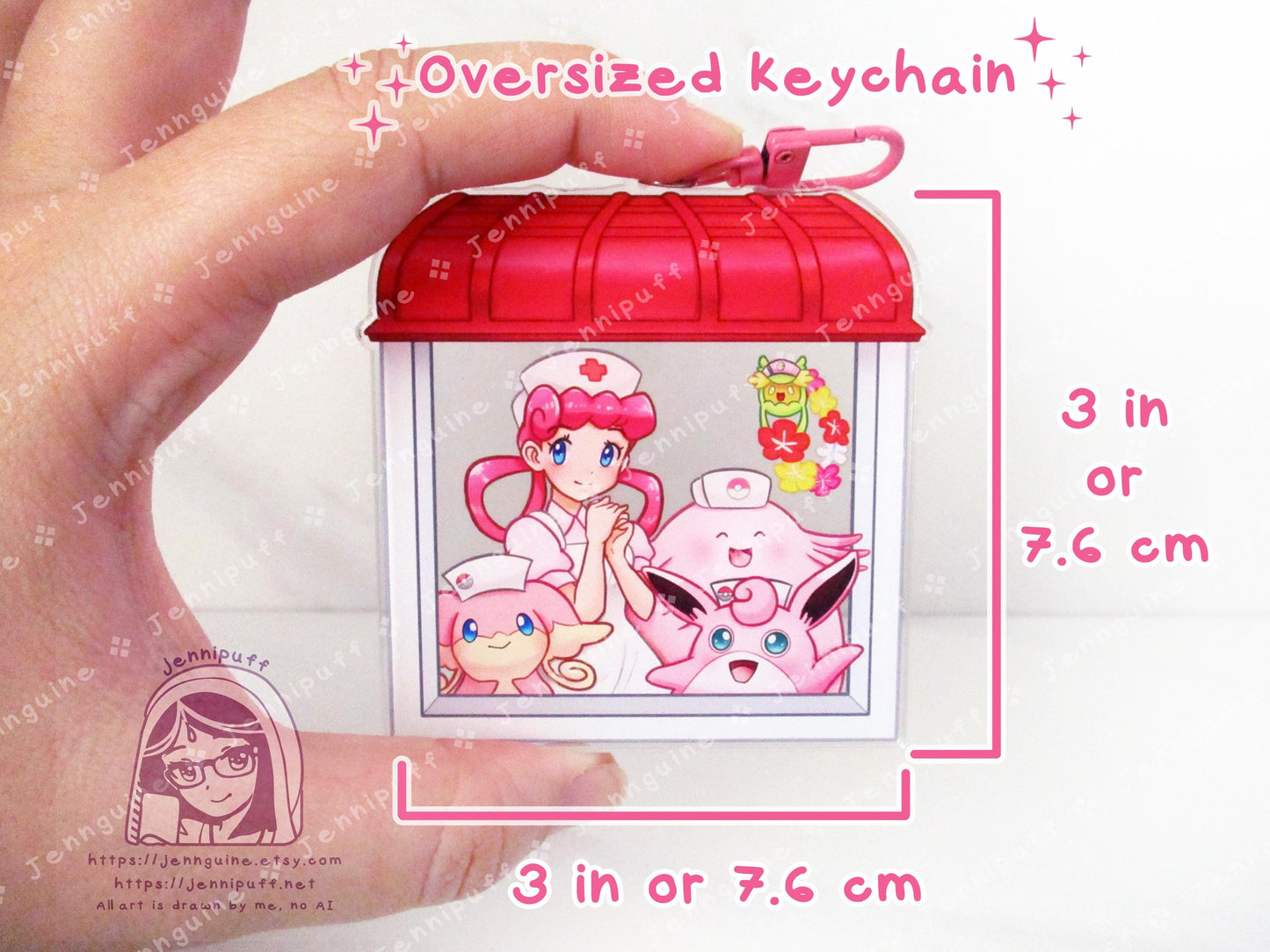 Nurse Jóy and PKMN Center Nurse Pokes | Oversize Double Sided 3in Acrylic Keychain | Gift for Poke and Anime Fan Nerd Kawaii Video Game TCG