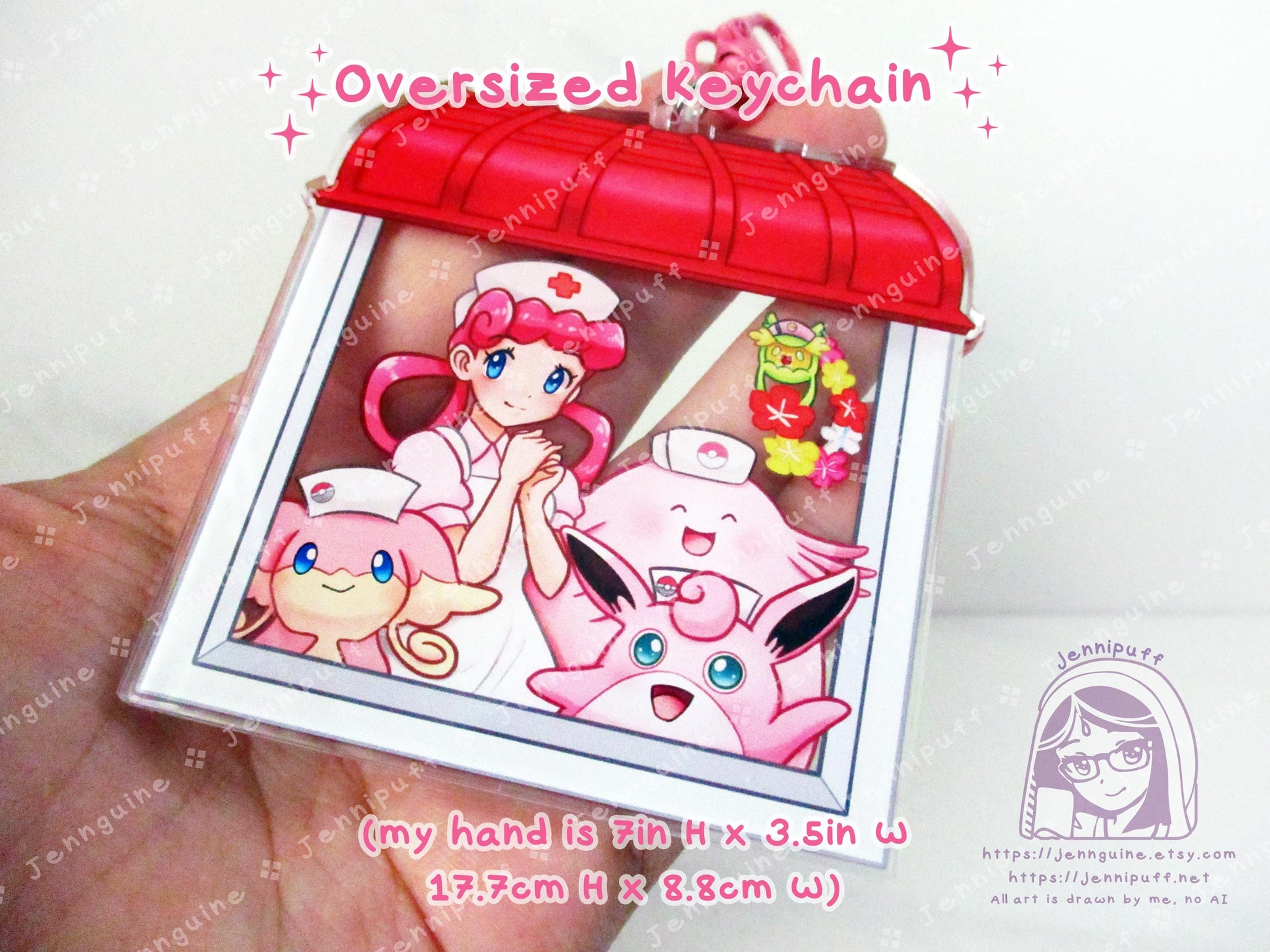 Nurse Jóy and PKMN Center Nurse Pokes | Oversize Double Sided 3in Acrylic Keychain | Gift for Poke and Anime Fan Nerd Kawaii Video Game TCG