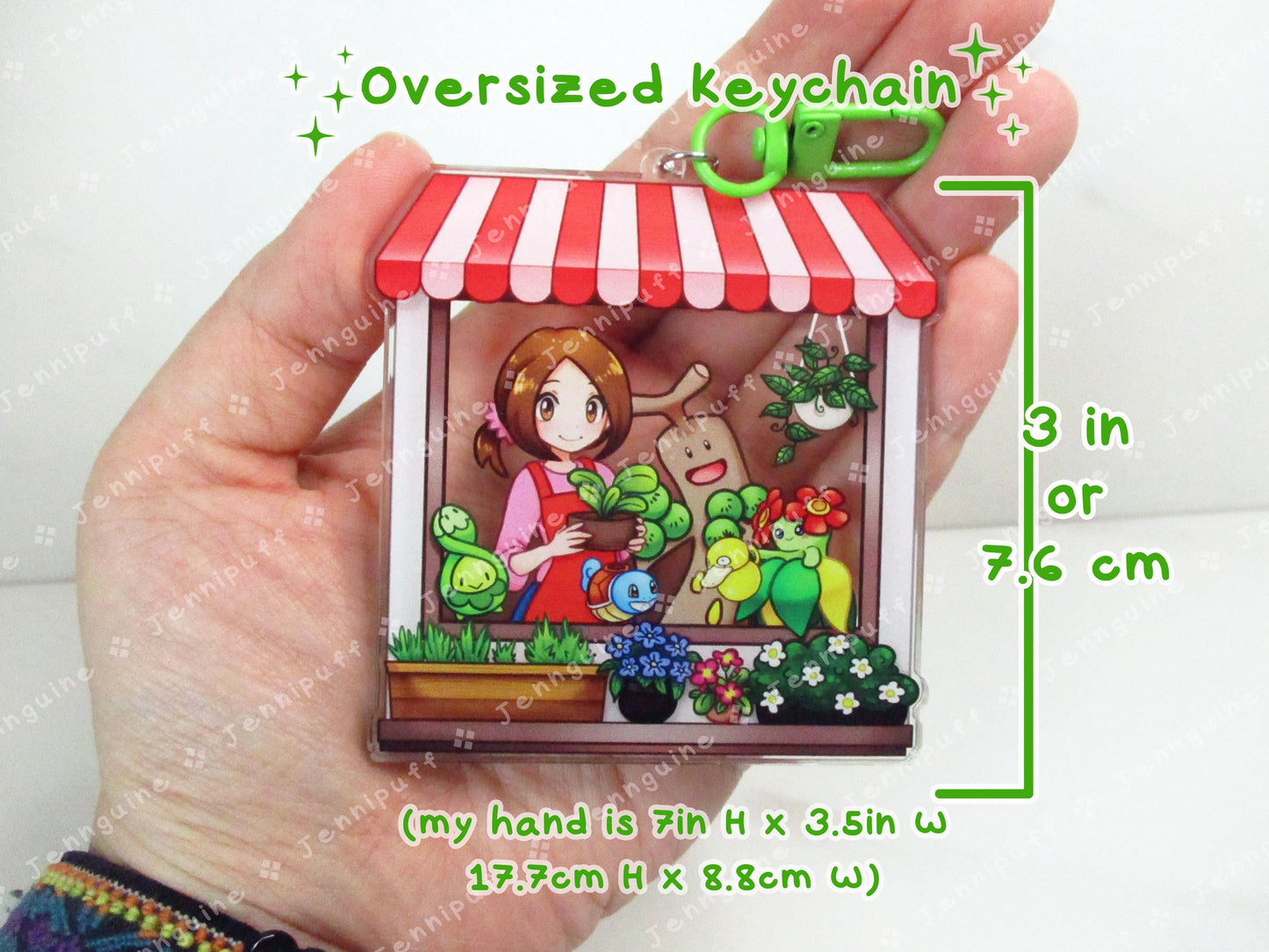 Flower Shop Lady and Grass PKMN | Oversize Double Sided 3in Acrylic Keychain | Gift for Poke and Anime Fan Nerd Kawaii Video Game TCG