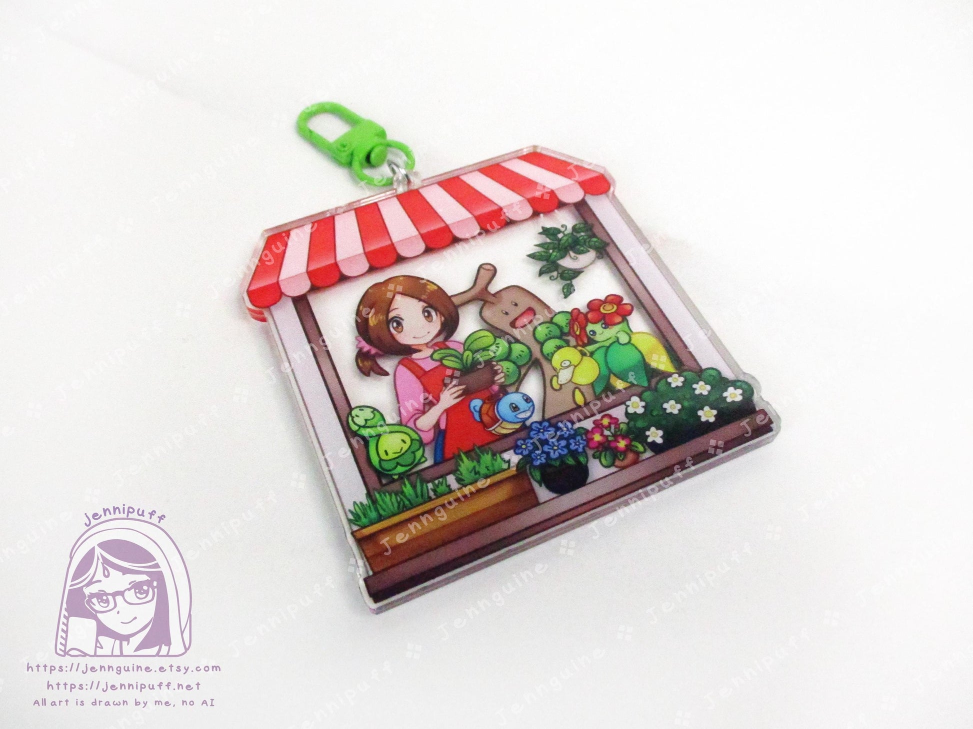 Flower Shop Lady and Grass PKMN | Oversize Double Sided 3in Acrylic Keychain | Gift for Poke and Anime Fan Nerd Kawaii Video Game TCG