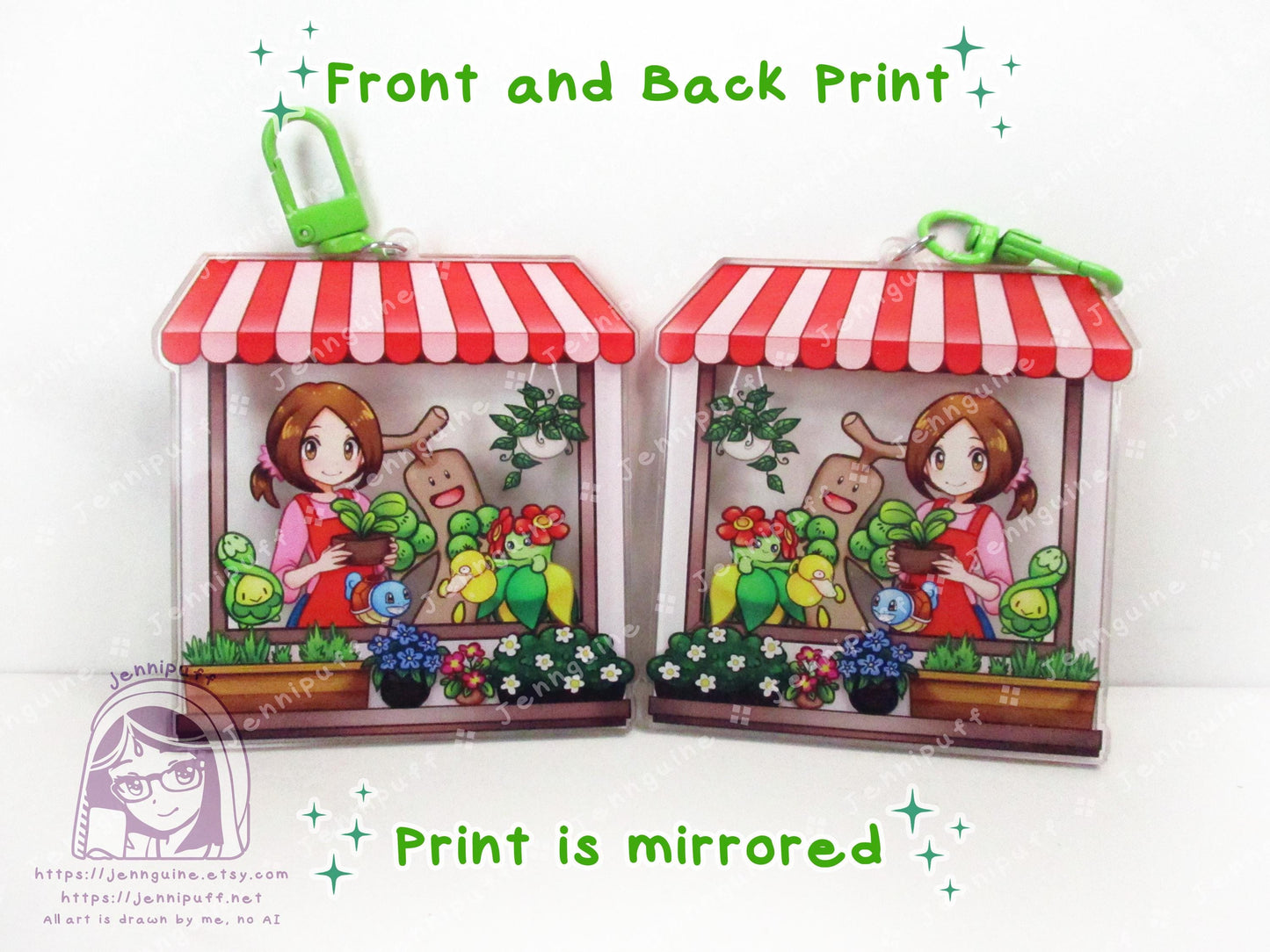 Flower Shop Lady and Grass PKMN | Oversize Double Sided 3in Acrylic Keychain | Gift for Poke and Anime Fan Nerd Kawaii Video Game TCG