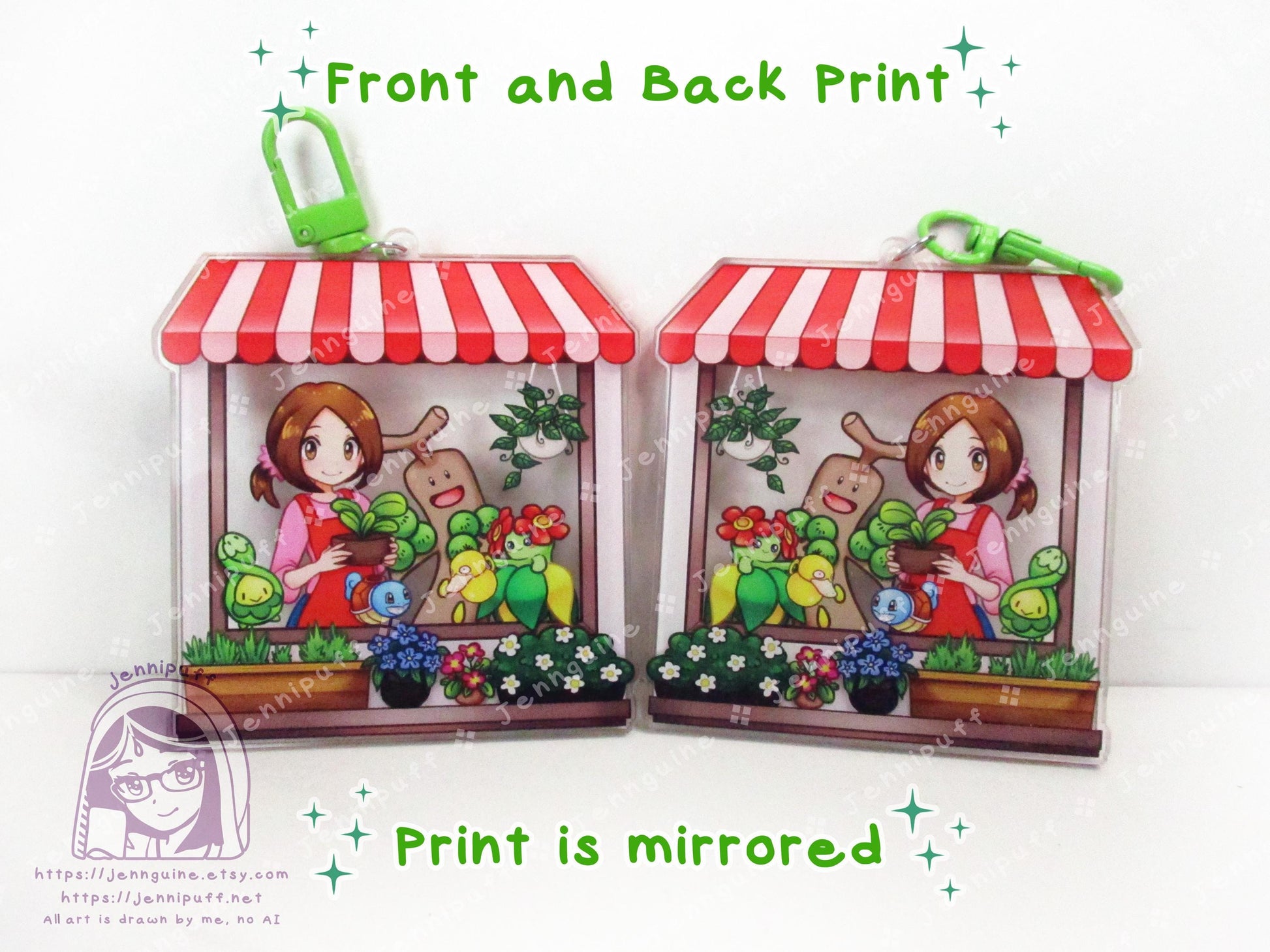 Flower Shop Lady and Grass PKMN | Oversize Double Sided 3in Acrylic Keychain | Gift for Poke and Anime Fan Nerd Kawaii Video Game TCG