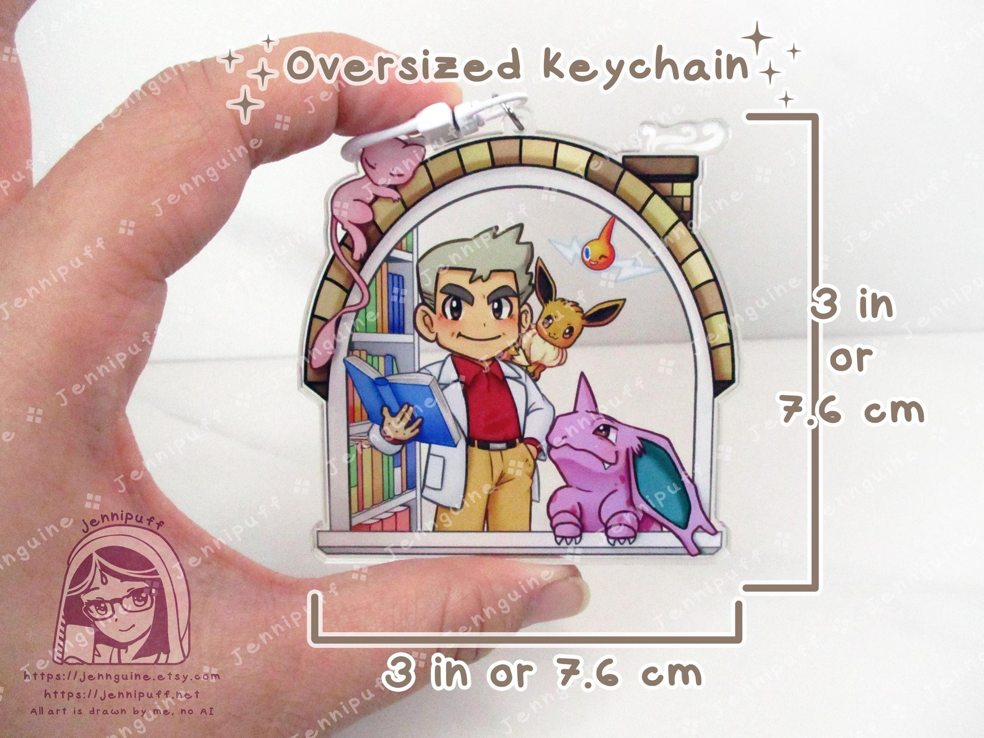 Próf Óäk with Mew Rótóm NÎdórínó Êèvèè | Oversize Double Sided 3in Acrylic Keychain | Gift for Poke and Anime Fan Nerd Kawaii Video Game TCG