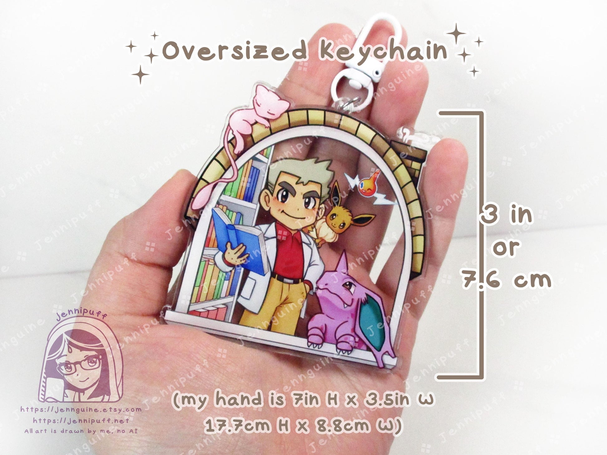 Próf Óäk with Mew Rótóm NÎdórínó Êèvèè | Oversize Double Sided 3in Acrylic Keychain | Gift for Poke and Anime Fan Nerd Kawaii Video Game TCG