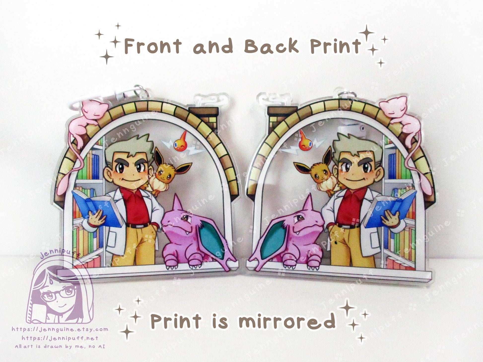 Próf Óäk with Mew Rótóm NÎdórínó Êèvèè | Oversize Double Sided 3in Acrylic Keychain | Gift for Poke and Anime Fan Nerd Kawaii Video Game TCG