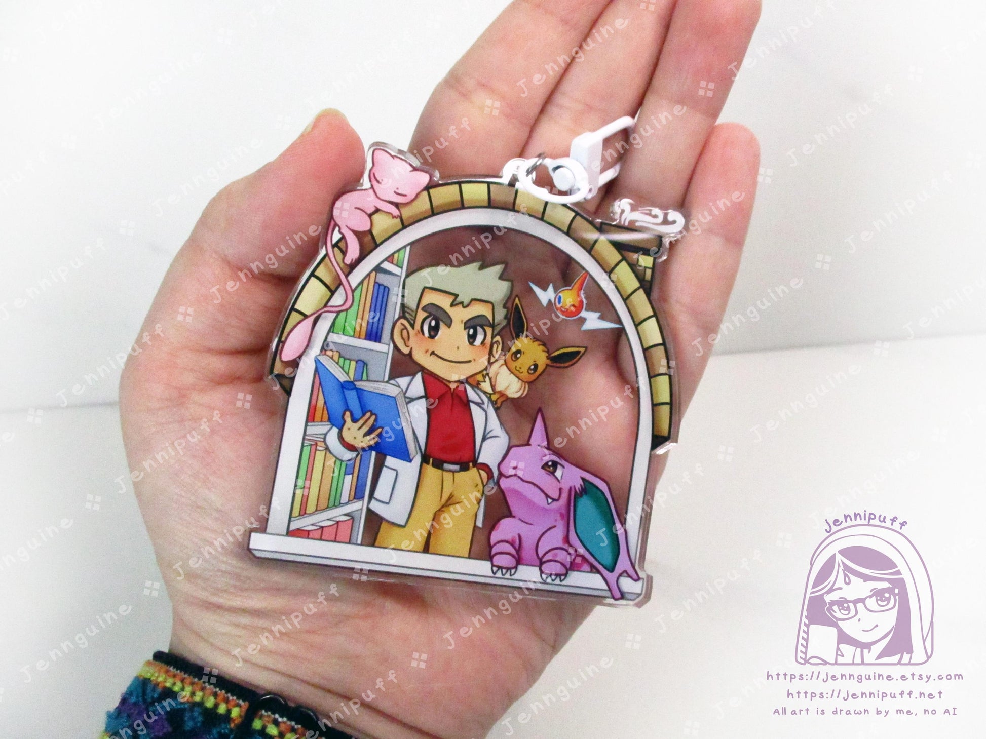 Próf Óäk with Mew Rótóm NÎdórínó Êèvèè | Oversize Double Sided 3in Acrylic Keychain | Gift for Poke and Anime Fan Nerd Kawaii Video Game TCG
