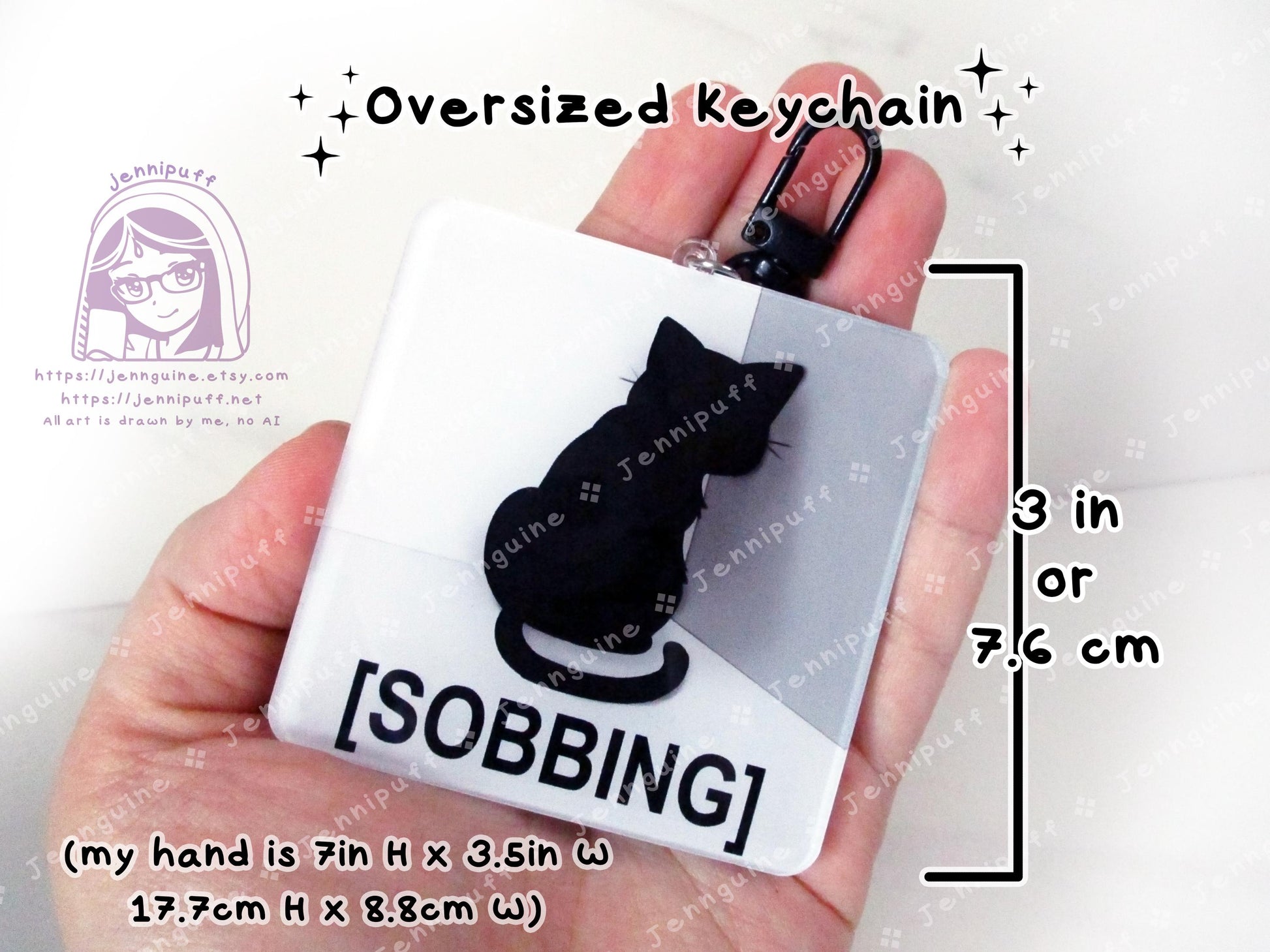 Sobbing Black Cat Meme Crying Cat Sad Cat | Oversize Double Sided 3in Acrylic Keychain | Gift for Cat Feline Pet Anime Fan Geek Nerd Kawaii