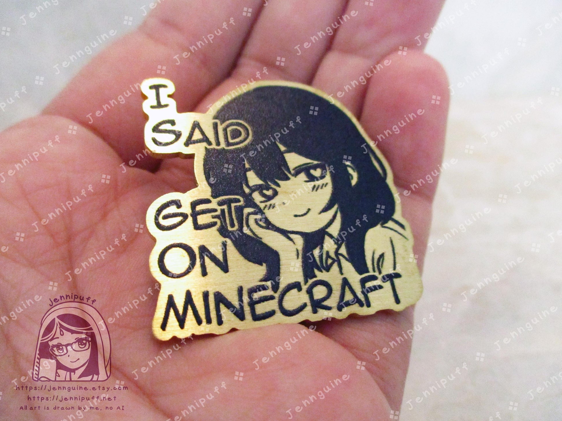 Gold Yandere Anime Meme Girl Get On MÍnecräft Video Game Heart Eyes Humor Funny 35mm 1.375in Eco Metal Pin Printed Brass Engraved Enamel Pin