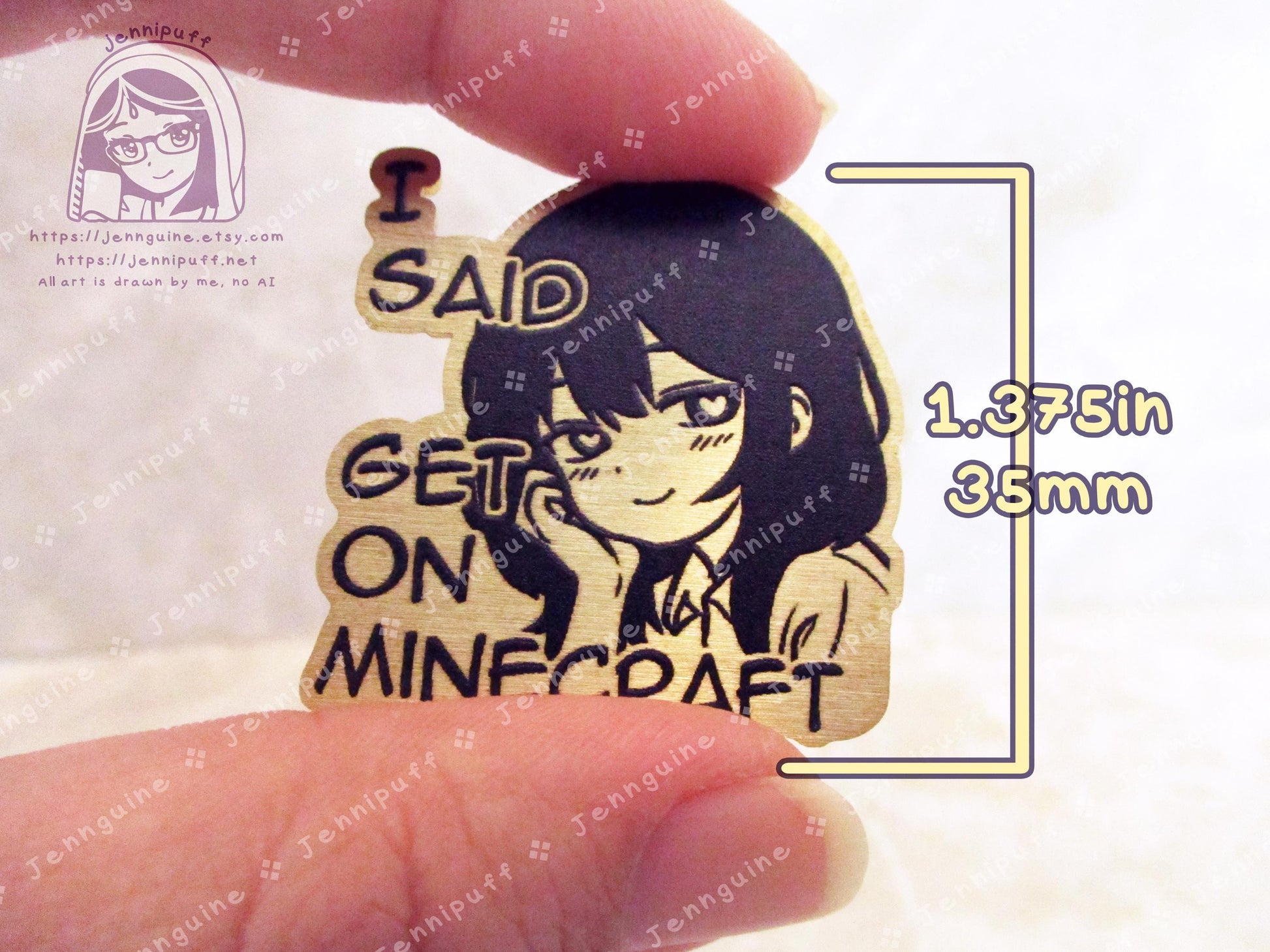 Gold Yandere Anime Meme Girl Get On MÍnecräft Video Game Heart Eyes Humor Funny 35mm 1.375in Eco Metal Pin Printed Brass Engraved Enamel Pin