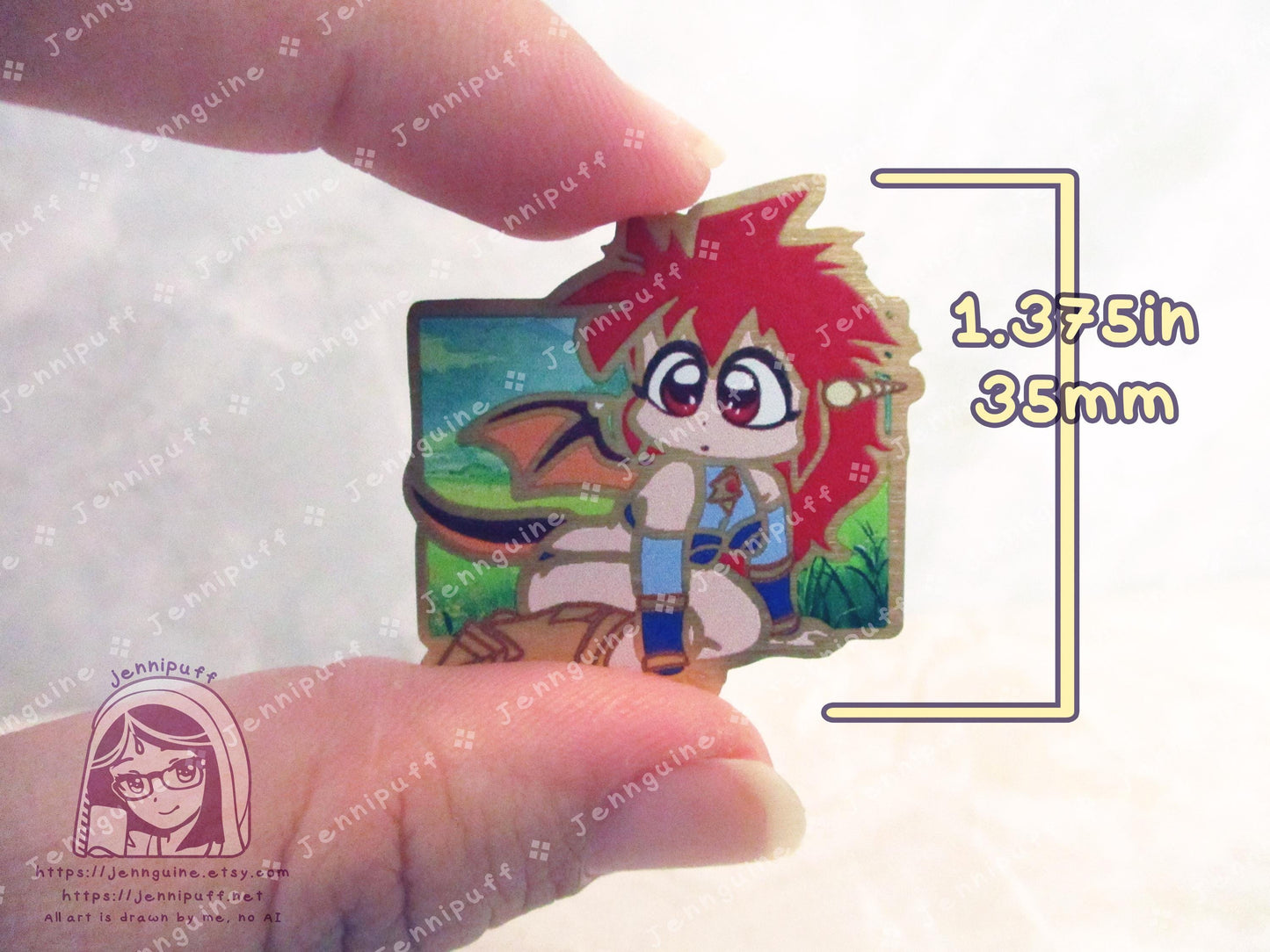 Gold Dragon Half Mink Chibi 80s 90s Retro Anime Manga Half Red Dragon Girl 35mm 1.375in Eco Metal Pin Printed Brass Engraved Enamel Pin