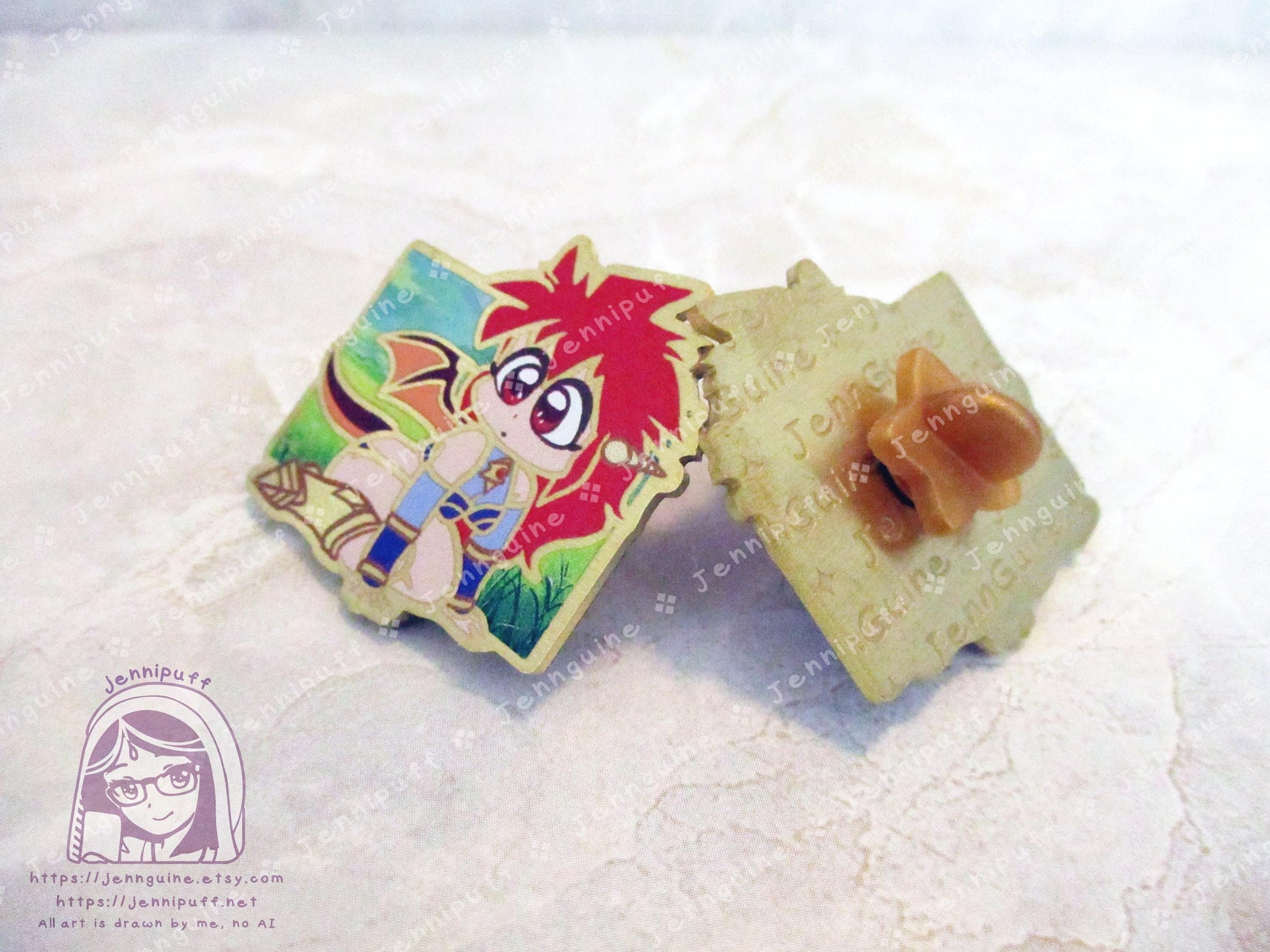 Gold Dragon Half Mink Chibi 80s 90s Retro Anime Manga Half Red Dragon Girl 35mm 1.375in Eco Metal Pin Printed Brass Engraved Enamel Pin