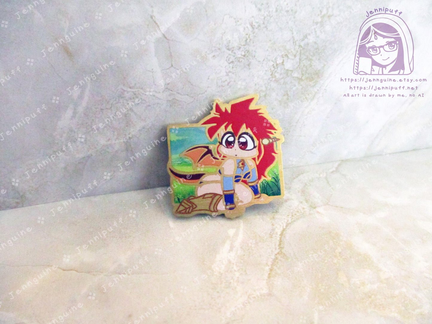 Gold Dragon Half Mink Chibi 80s 90s Retro Anime Manga Half Red Dragon Girl 35mm 1.375in Eco Metal Pin Printed Brass Engraved Enamel Pin