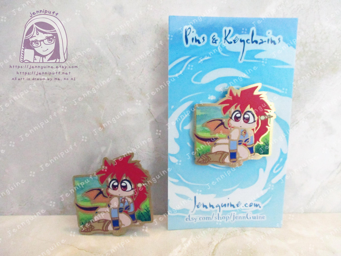 Gold Dragon Half Mink Chibi 80s 90s Retro Anime Manga Half Red Dragon Girl 35mm 1.375in Eco Metal Pin Printed Brass Engraved Enamel Pin