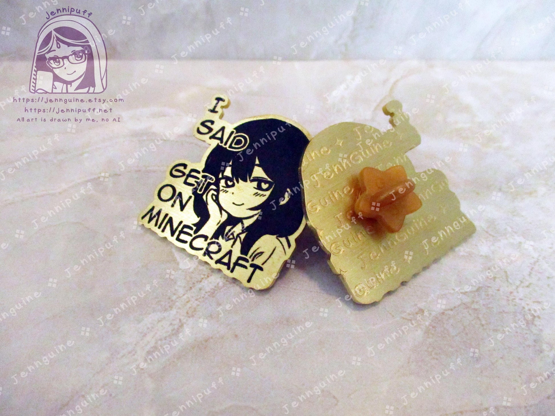 Gold Yandere Anime Meme Girl Get On MÍnecräft Video Game Heart Eyes Humor Funny 35mm 1.375in Eco Metal Pin Printed Brass Engraved Enamel Pin