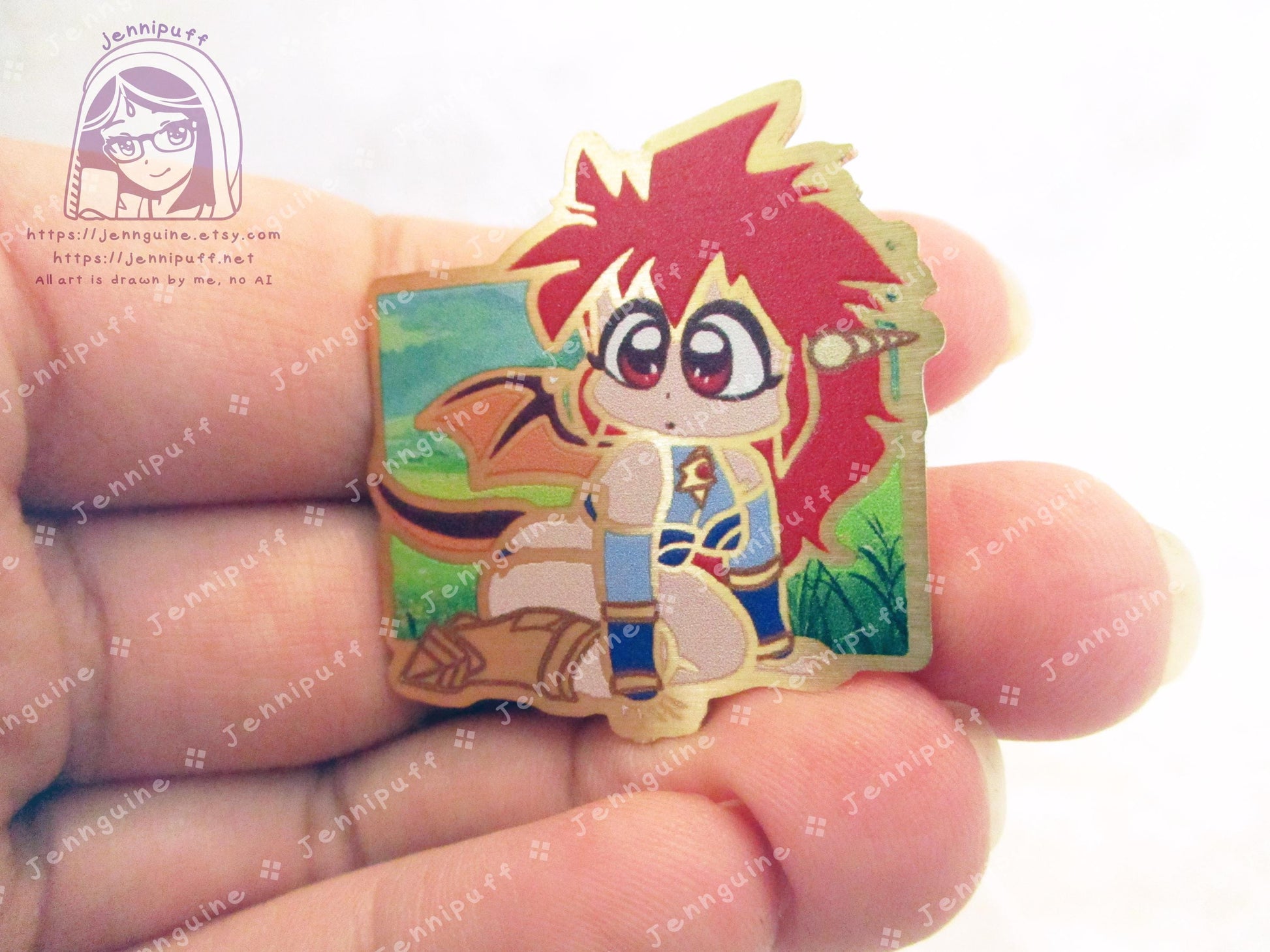 Gold Dragon Half Mink Chibi 80s 90s Retro Anime Manga Half Red Dragon Girl 35mm 1.375in Eco Metal Pin Printed Brass Engraved Enamel Pin