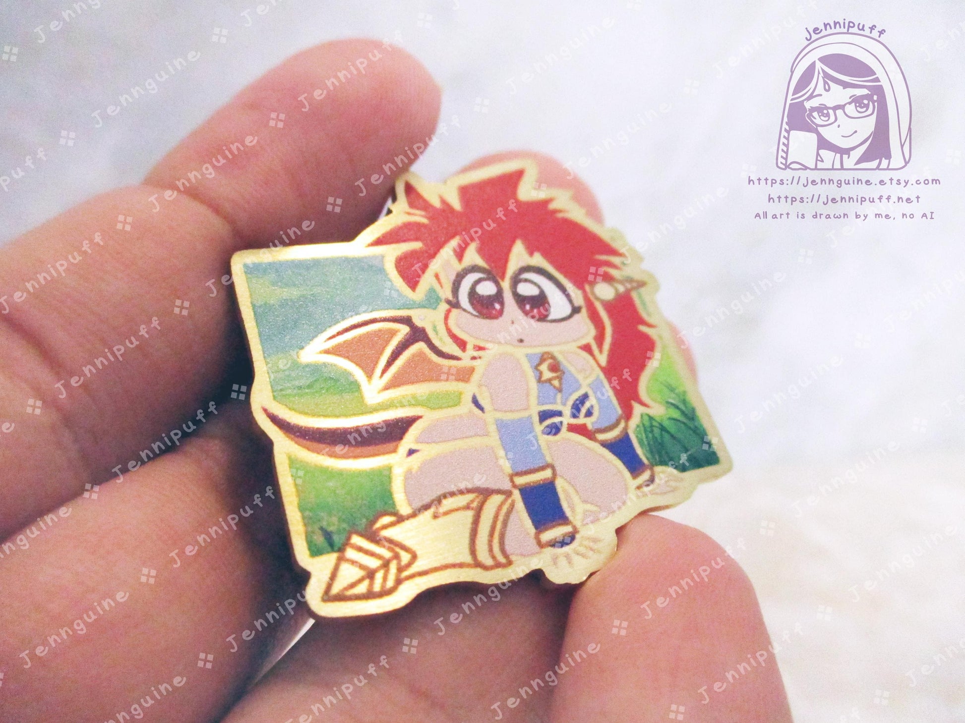 Gold Dragon Half Mink Chibi 80s 90s Retro Anime Manga Half Red Dragon Girl 35mm 1.375in Eco Metal Pin Printed Brass Engraved Enamel Pin