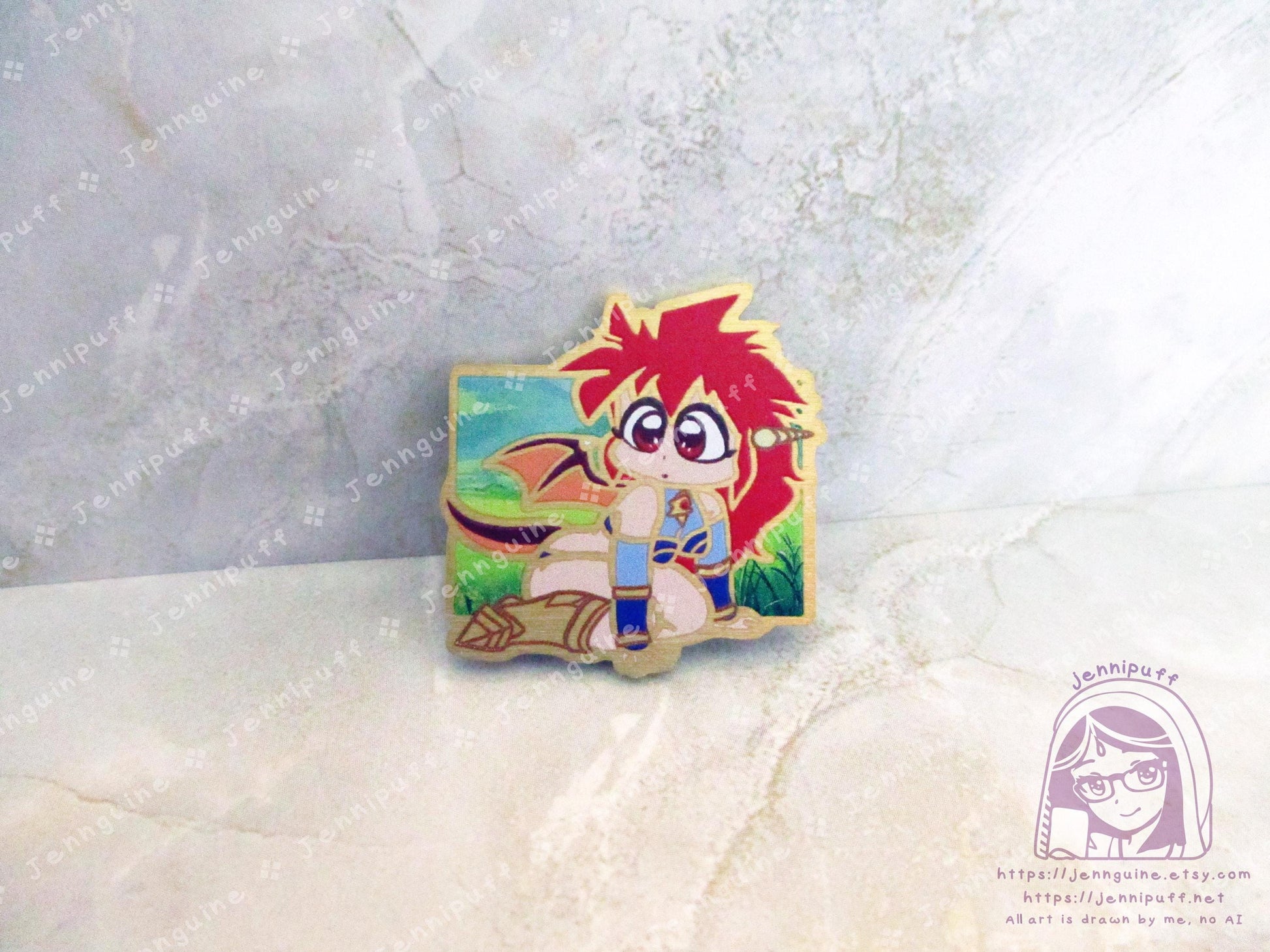 Gold Dragon Half Mink Chibi 80s 90s Retro Anime Manga Half Red Dragon Girl 35mm 1.375in Eco Metal Pin Printed Brass Engraved Enamel Pin