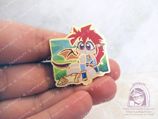 Gold Dragon Half Mink Chibi 80s 90s Retro Anime Manga Half Red Dragon Girl 35mm 1.375in Eco Metal Pin Printed Brass Engraved Enamel Pin