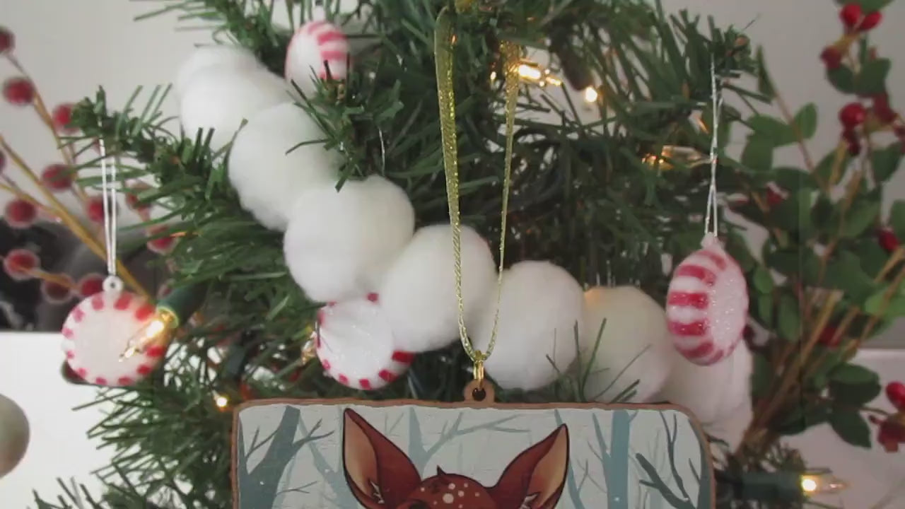 Woodland Critters Animals Cottagecore Wooden Christmas Ornament | Comes with a 4x6in Print of the Artwork | Deer,Fox,Duck,Squirrel,Raccoon