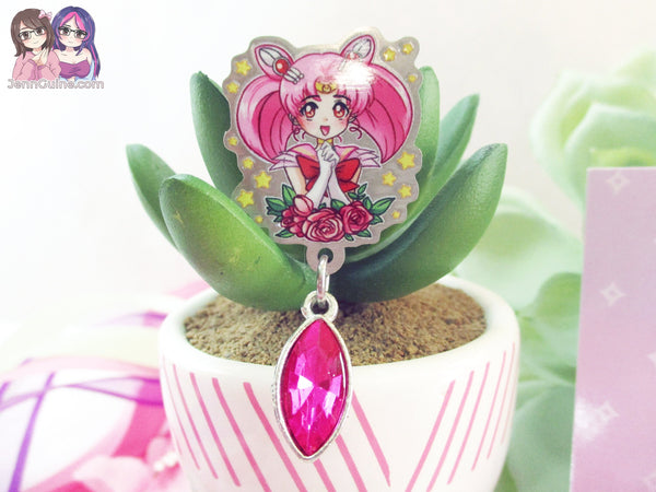 Mini M00n Ch!biusa Eco Stainless Steel Metal Pin with Pink Crystal - Not Enamel Pin - Limited Qty - Please read description