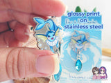 Vaporeon Eco Stainless Steel Metal Pin with Blue Crystal - Not Enamel Pin - Limited Quantity - Please read description