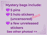 LOW STOCK Mystery Bag, Mystery Grab Bag, Mix of Pins and Holo Stickers - Lewd and NSFW (henti, kawaii, sexy, holographic), Mystery Box